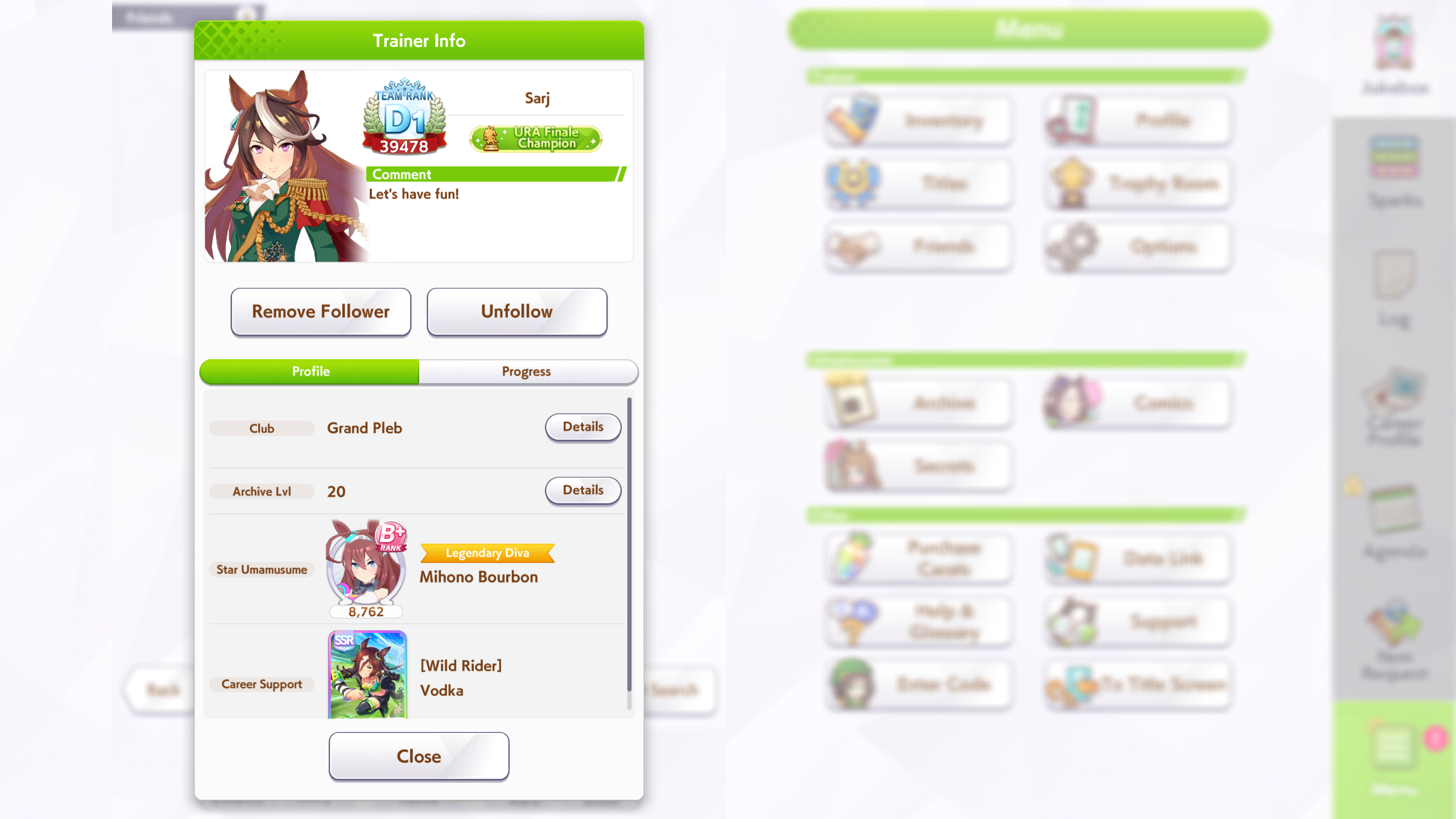 View a players comments in their profile (Image via Cygames | Deltia's Gaming)