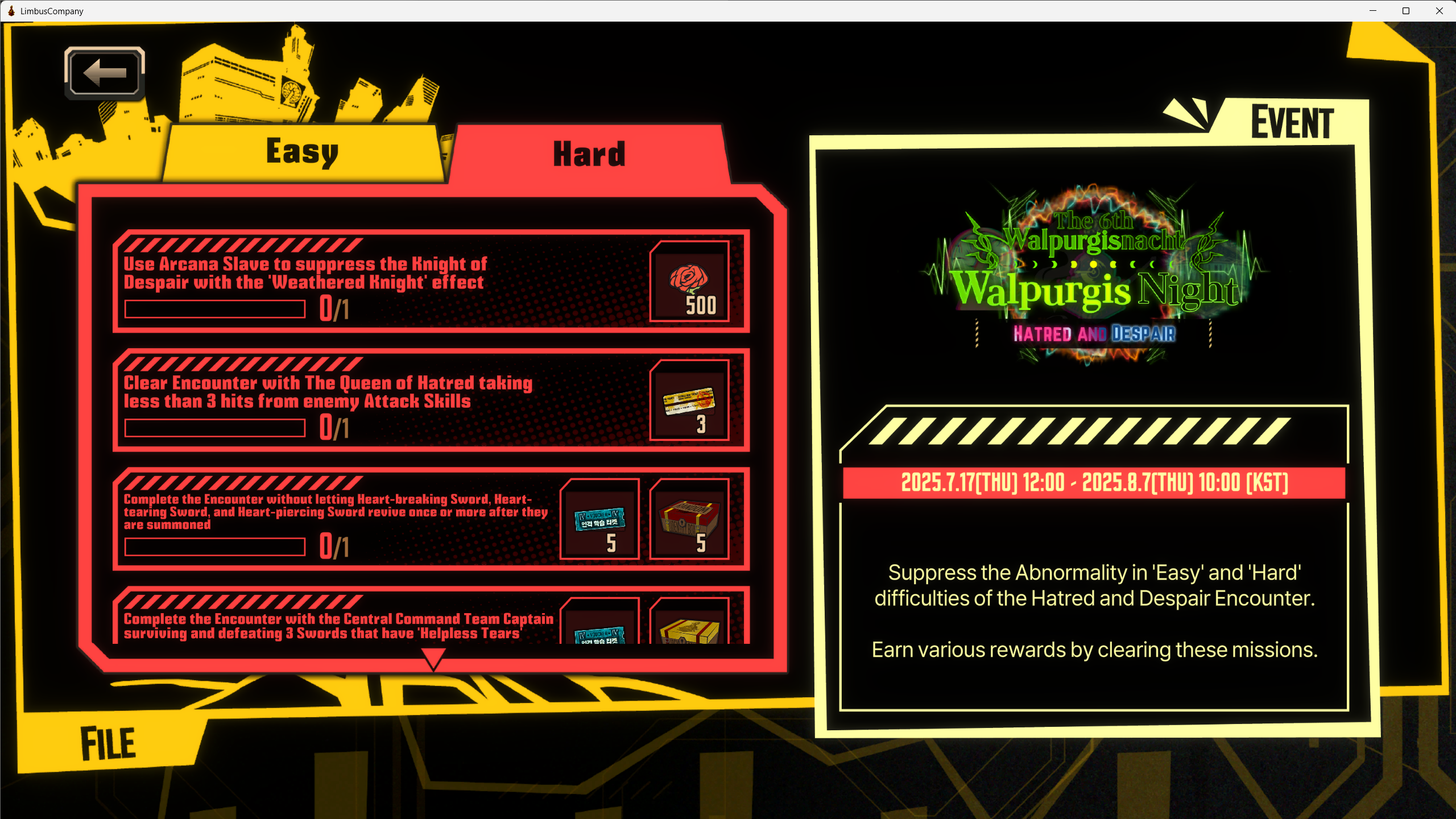 Hard Mission List (Image via Project Moon | Deltia's Gaming)