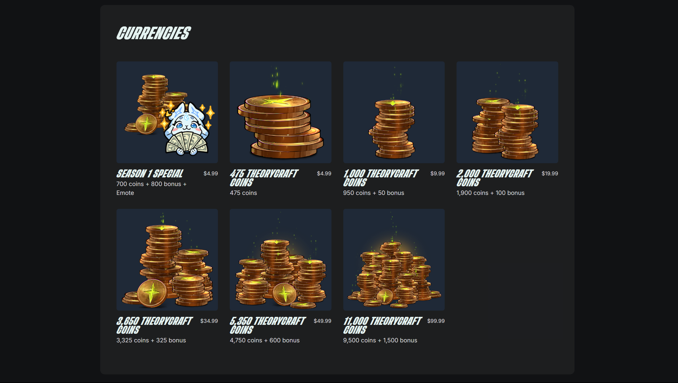 All Theorycraft Coin bundles in Supervive (Image via Theorycraft Games | Deltia's Gaming)