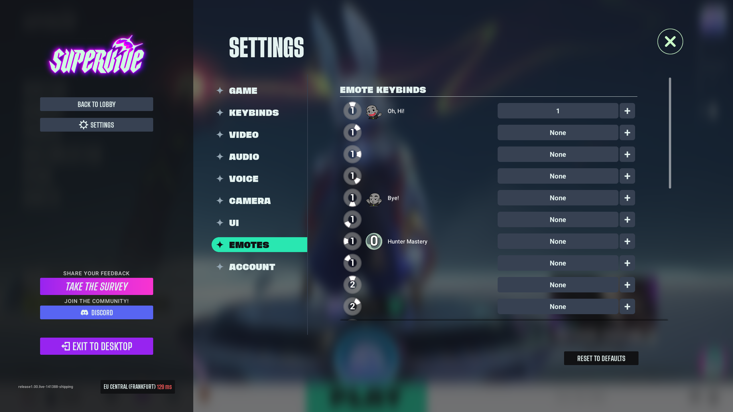 Emote Keybinds under settings (Image via Theorycraft Games | Deltia's Gaming)