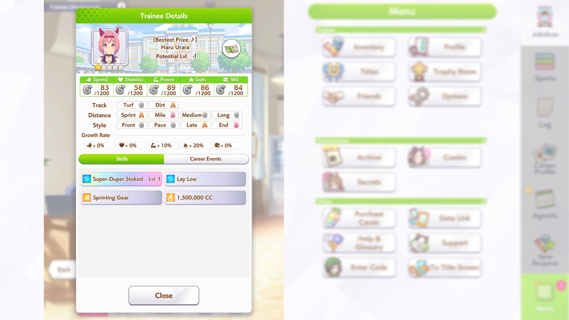 Stats of Haru Urara in Umamusume Pretty Derby (Image via Nintendo)