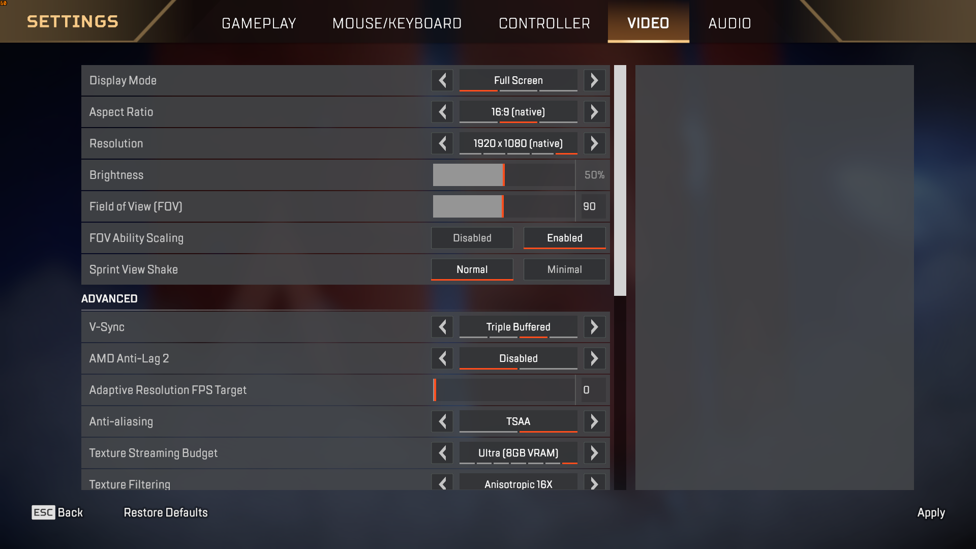 Picture of Apex Legends graphics settings page