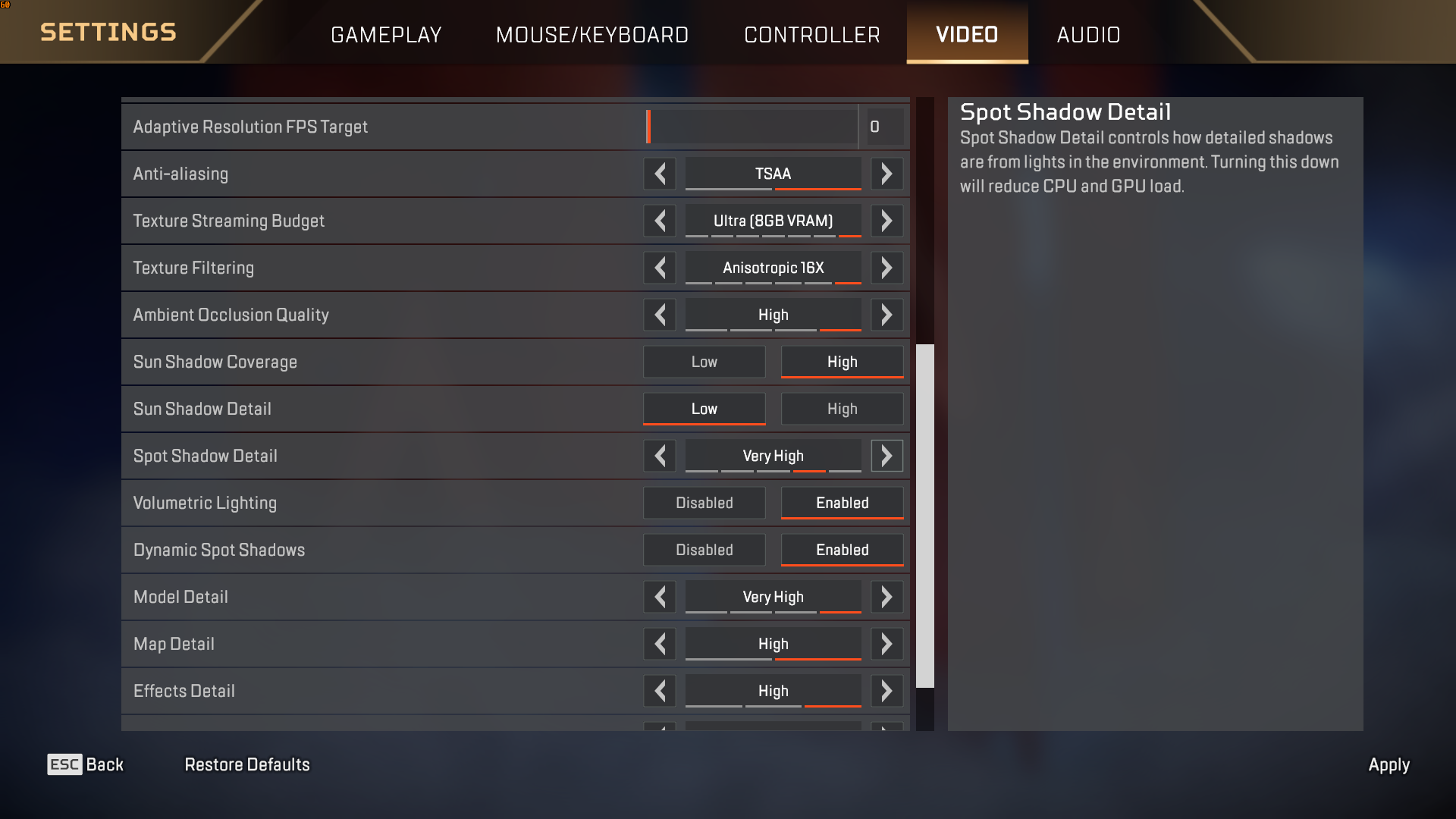 Picture of Apex Legends graphics settings page