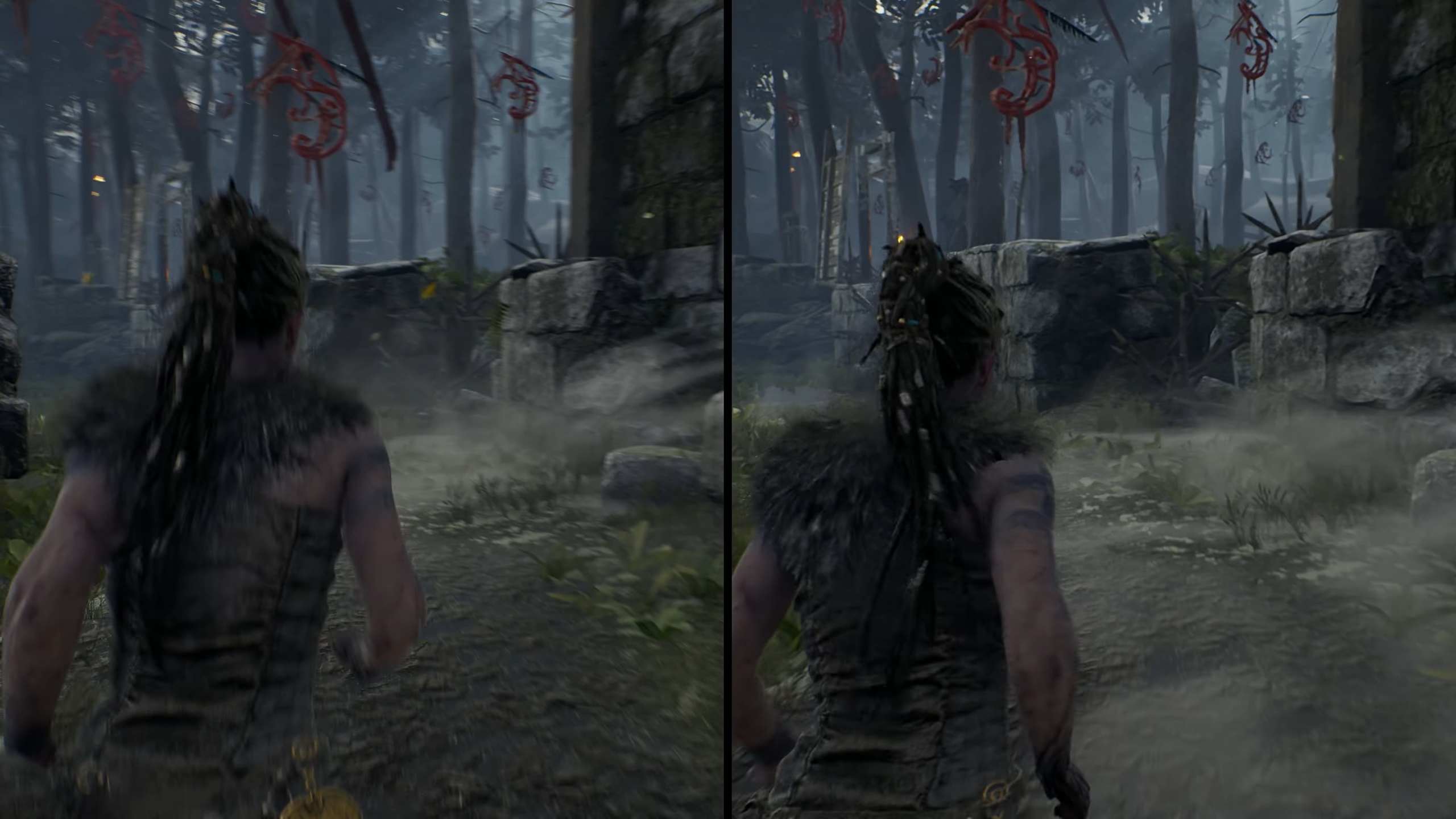 Picture describes Hellblade: Senua's Sacrifice running at 30 FPS on the left vs 50 FPS on the right