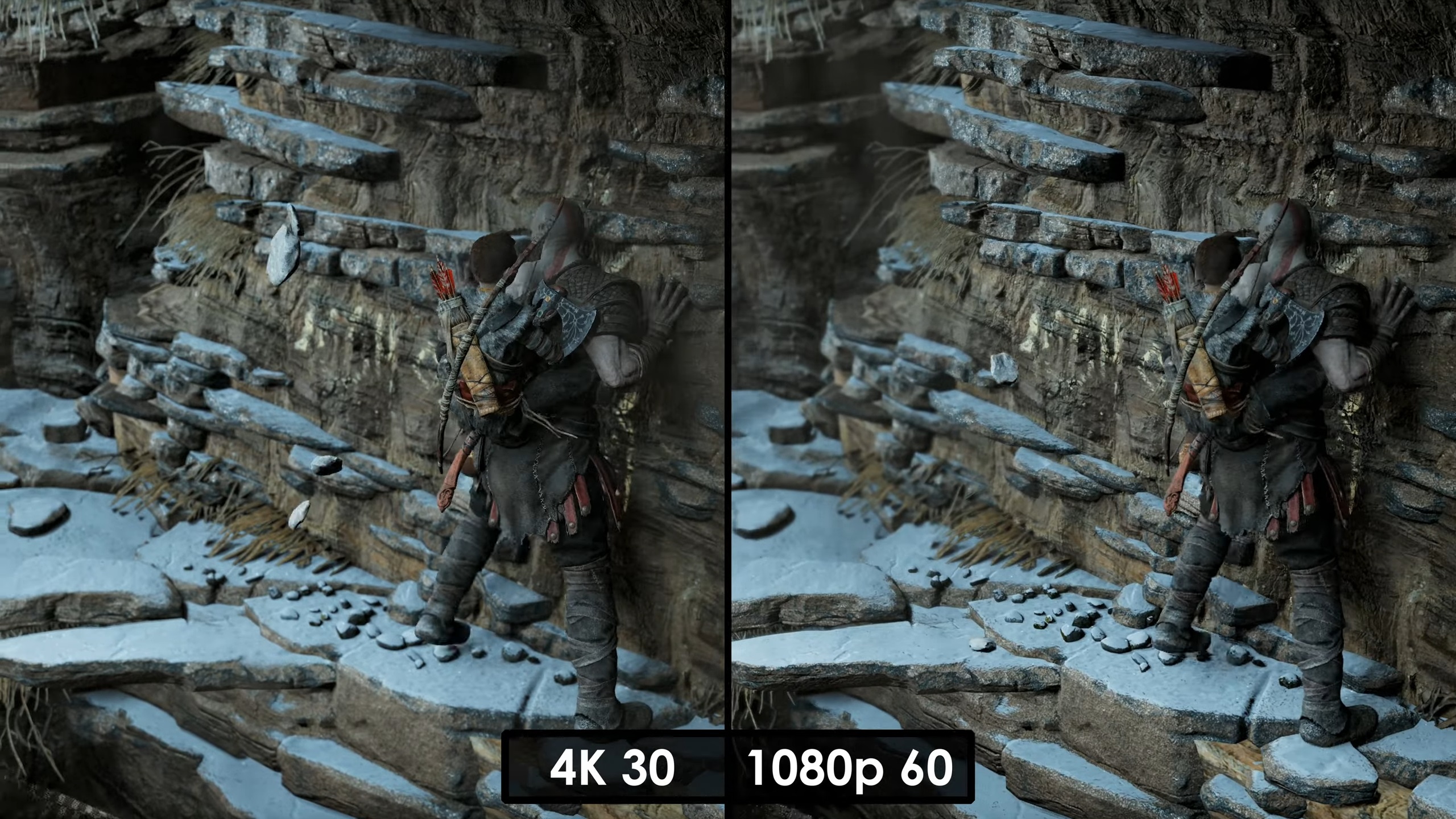 Picture of God of War running at 4K 30 FPS vs 1080p 60 FPS