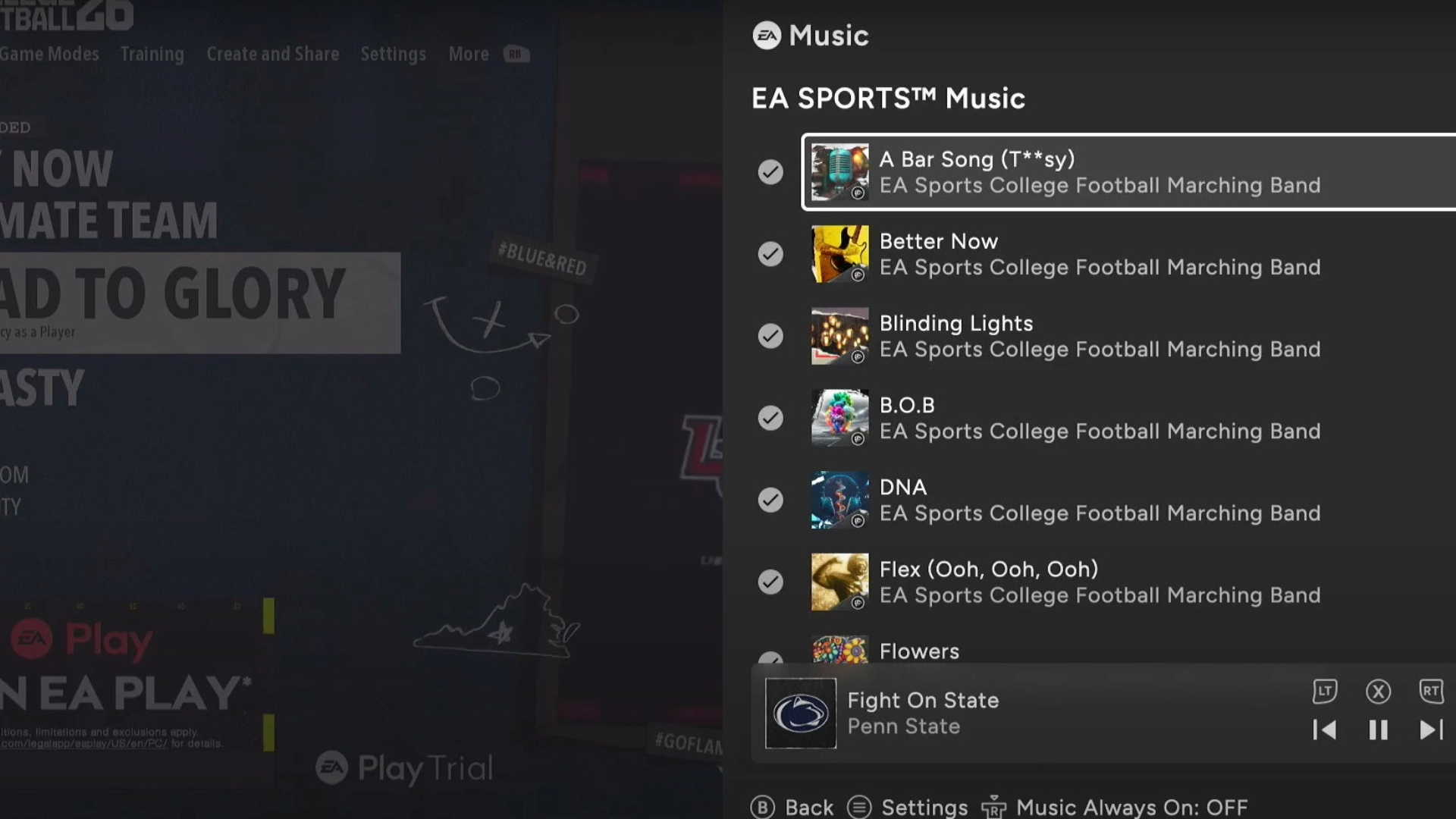 The music selection menu