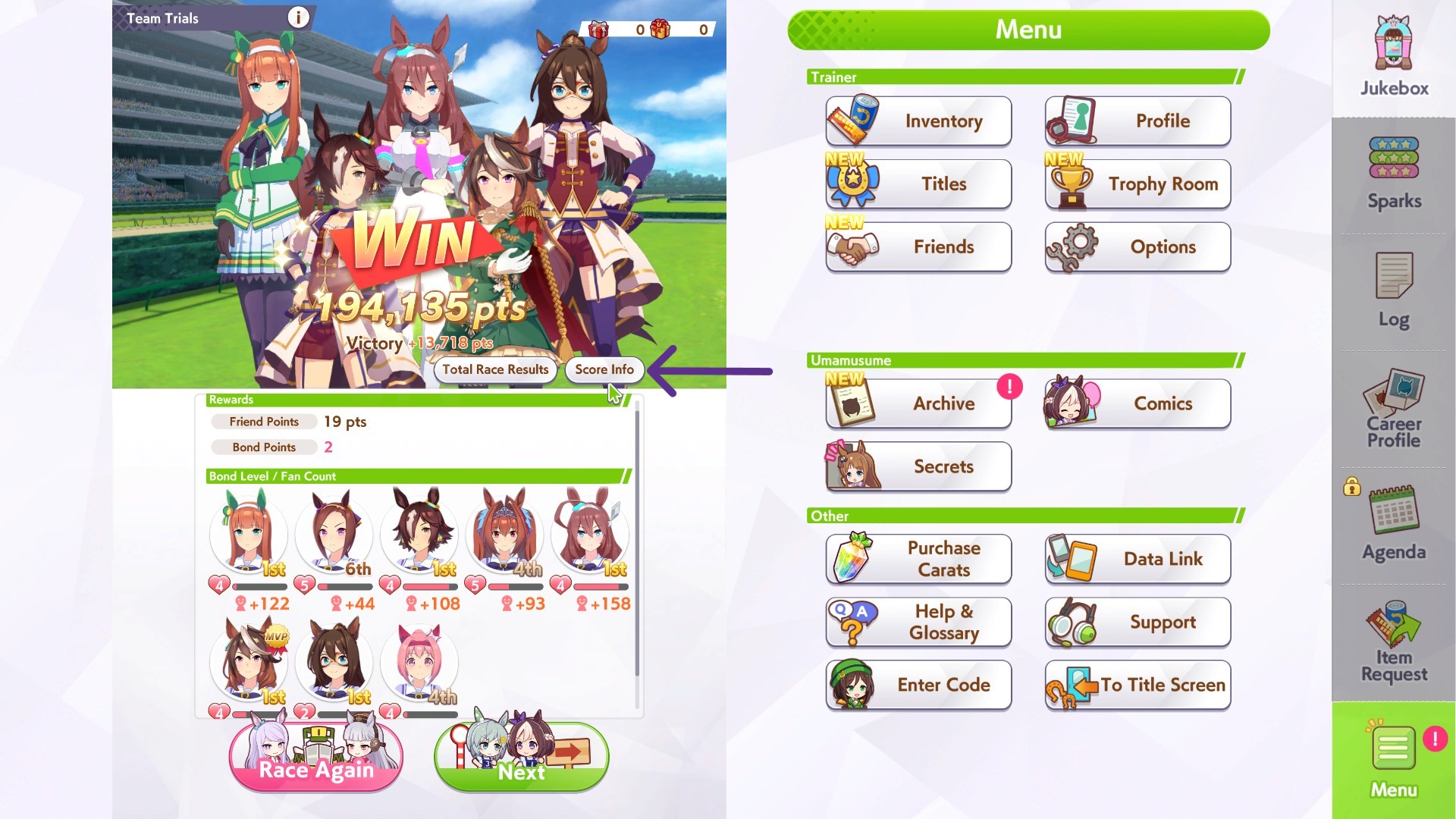 Check the score breakdown by selecting the "Score Info" button