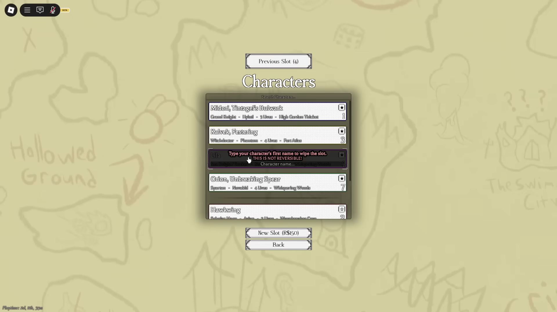 Wiping slot to store Mementos (Image via Roblox)
