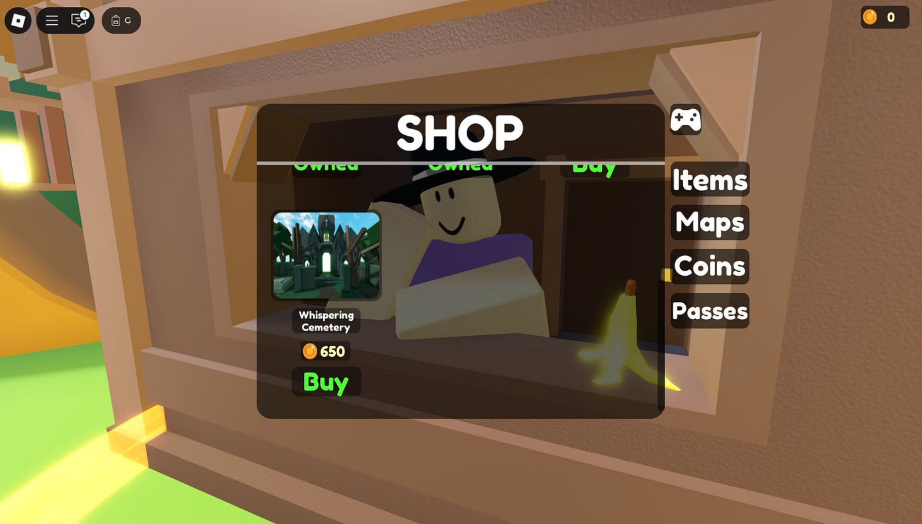 You can purchase the Whispering Cemetery map from the in-game shop (Image via Doge Cloud | Roblox)
