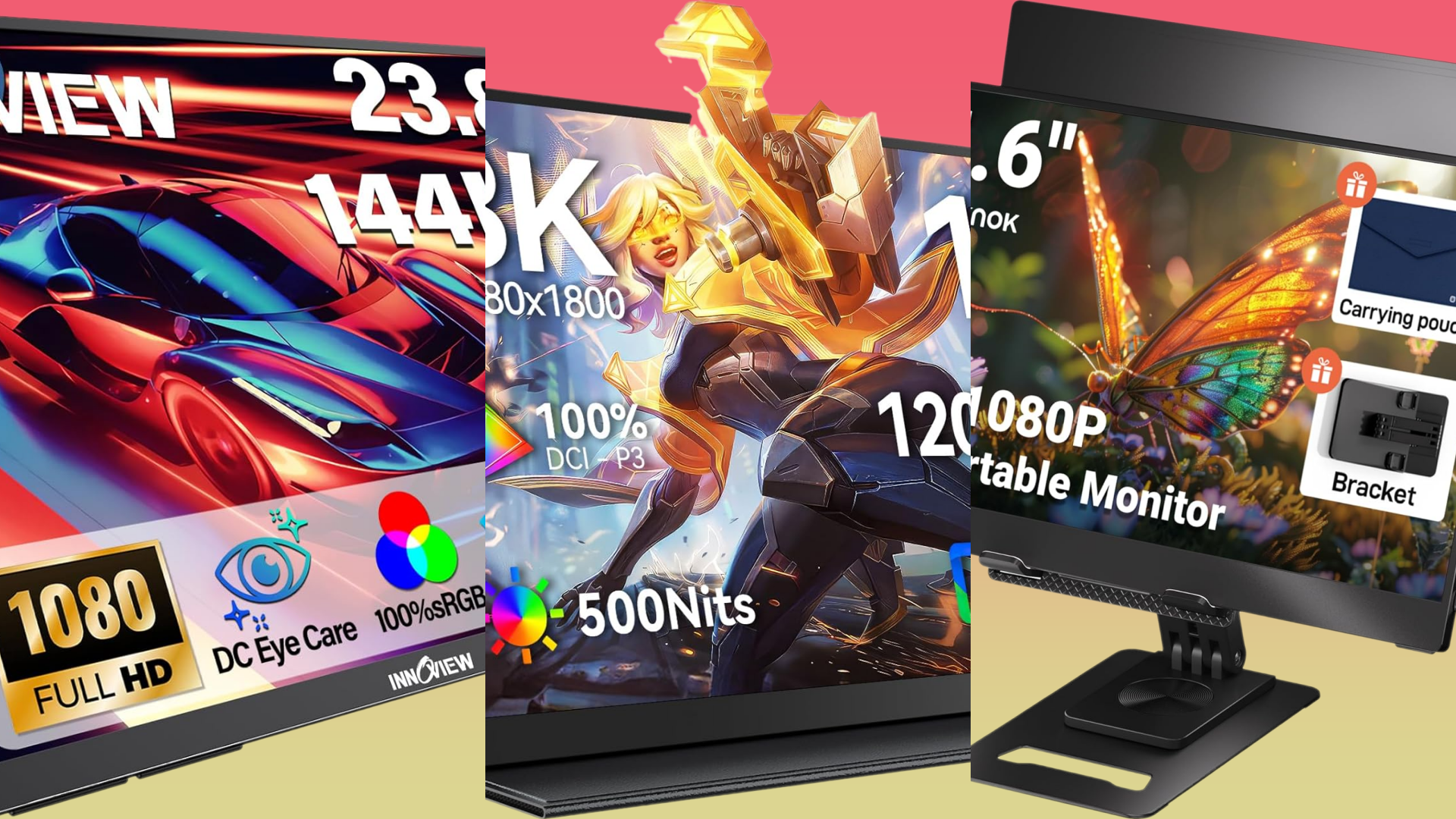 A collage image of portable monitors by InnoView, UPERFECT, and Ingnok