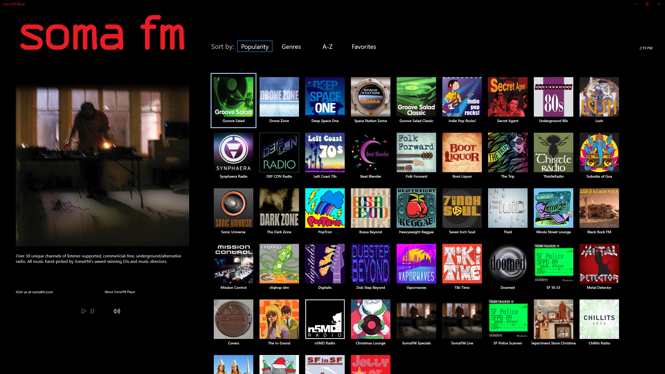Picture shows how SomaFM app offer free radio stations