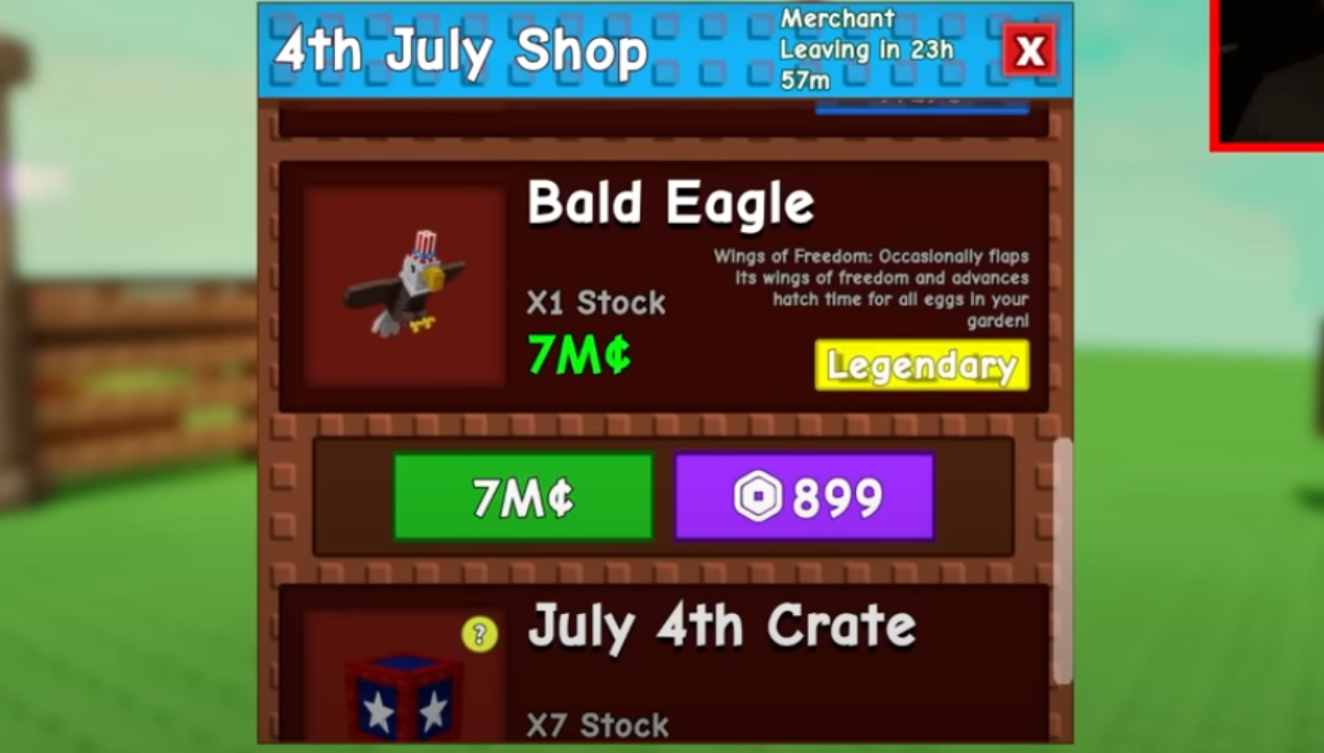 You can purchase the Bald Eagle for 7 million Sheckles (Image via The Garden Game | Roblox)