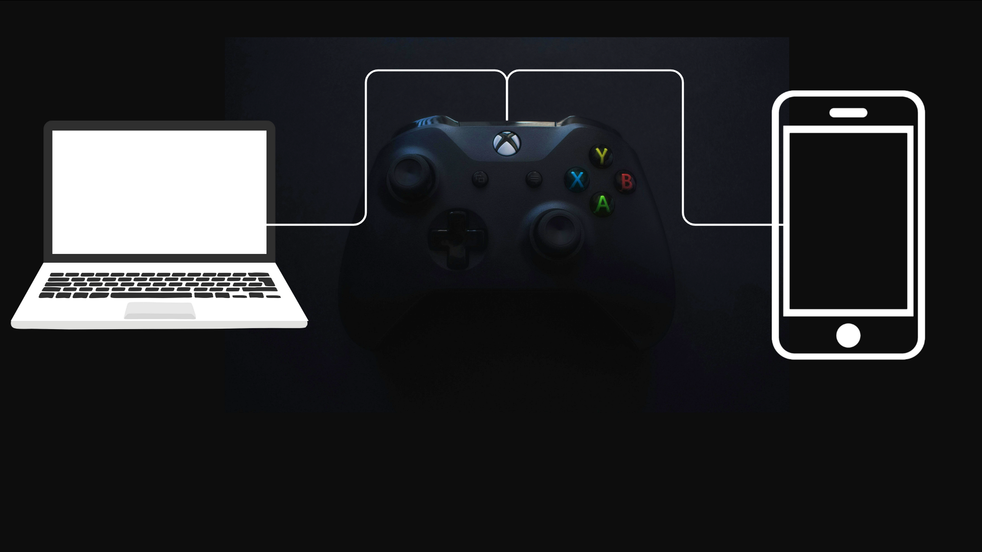 An image of an Xbox controller, depicting connection with a PC and a phone