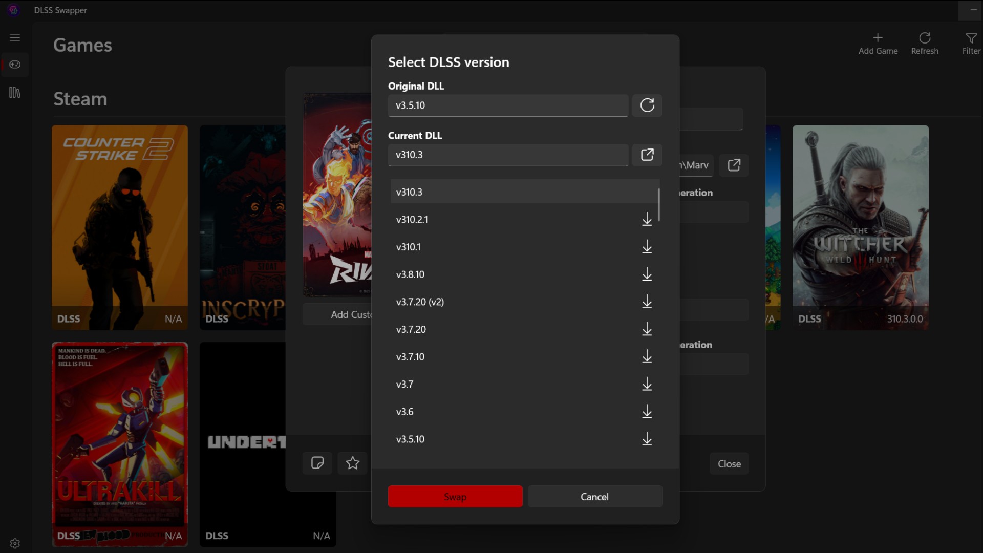 An image of the version selection window