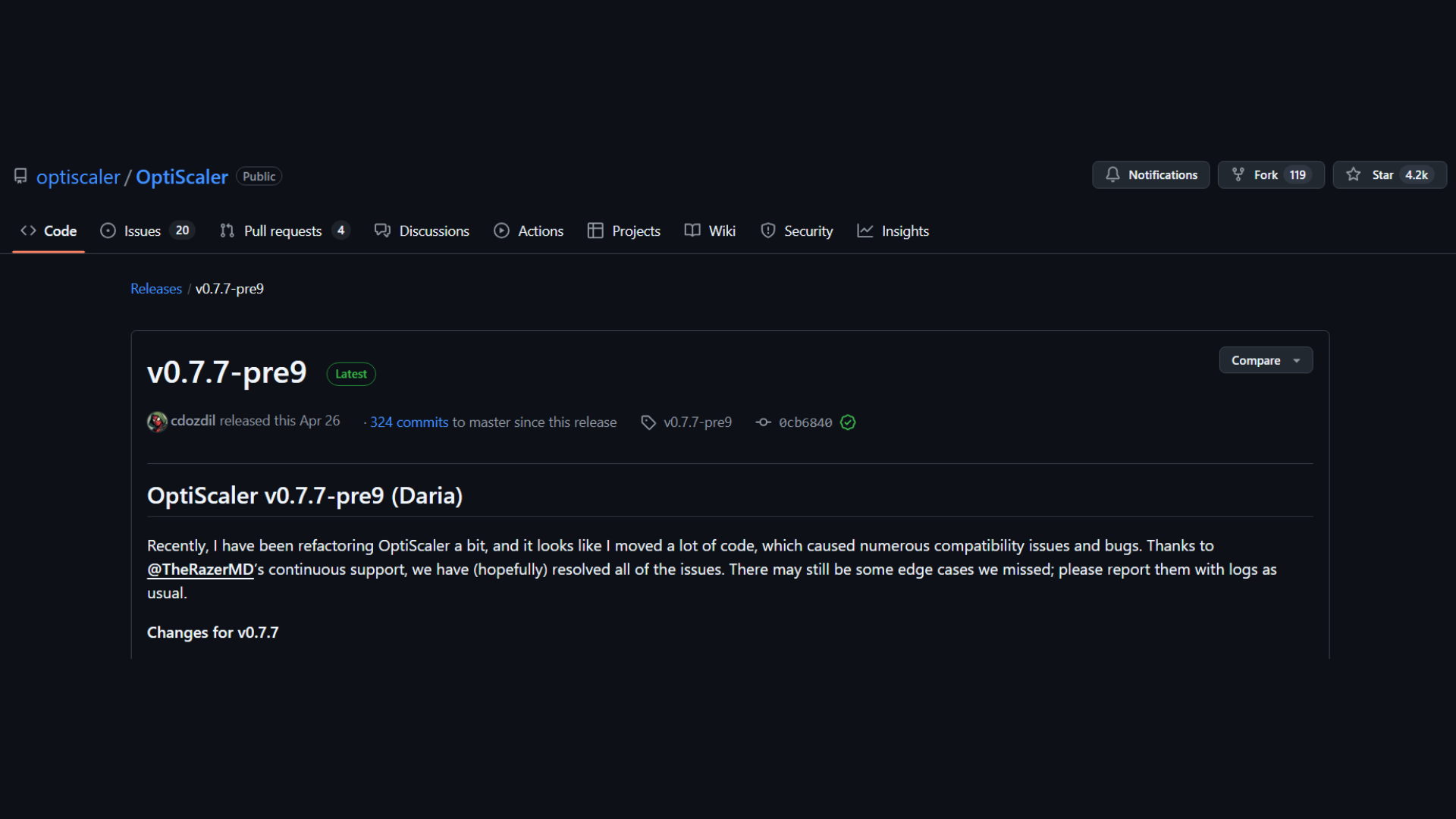 Current latest version of OptiScaler is v0.7.7-pre9 (Image via GitHub)
