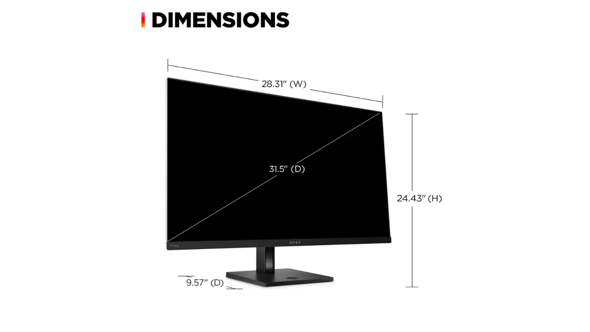 An image of HP Omen Trascend gaming monitor's dimensions