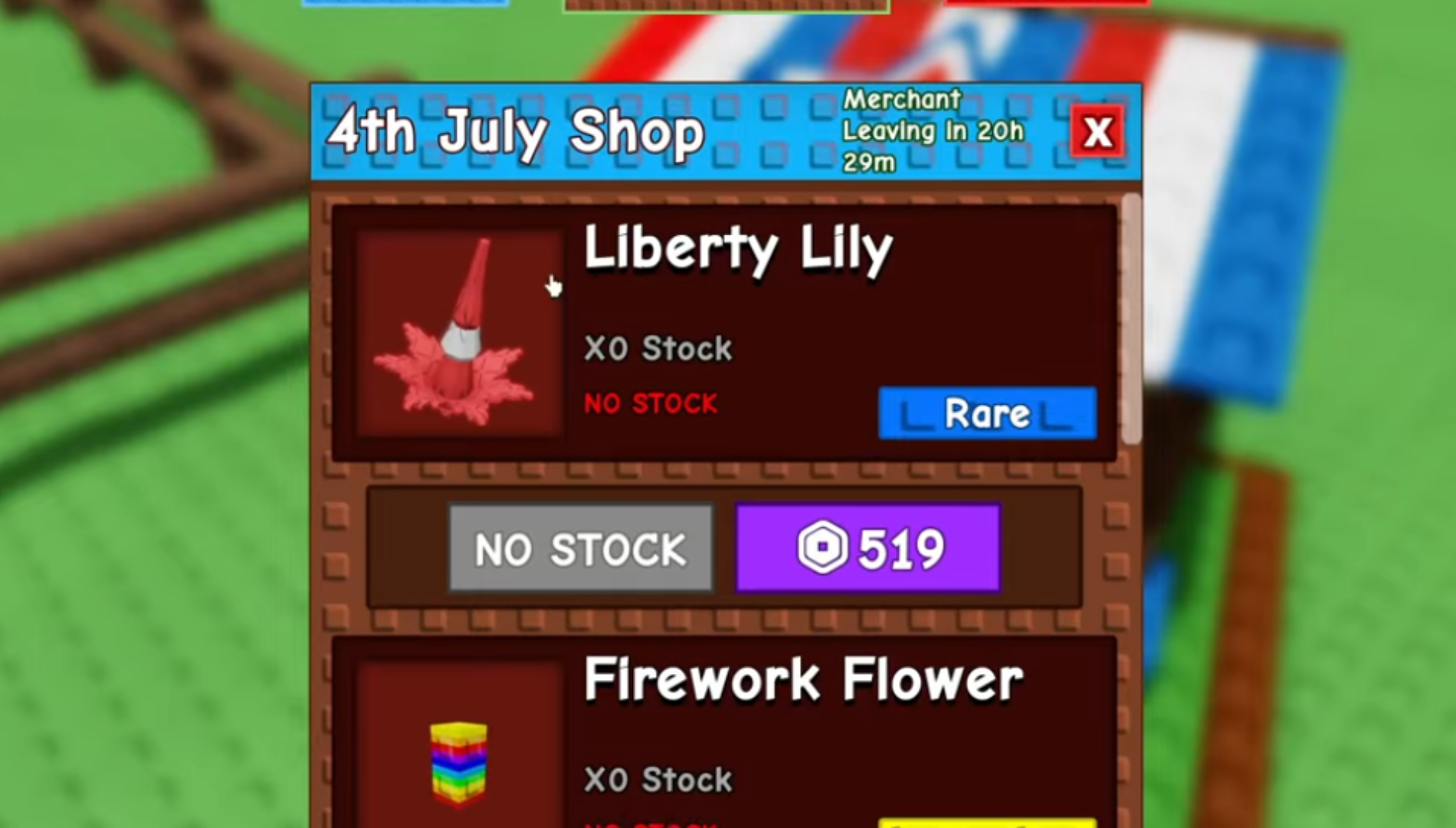 You can only purchase the Liberty Lily seed from the 4th of July shop (Image via The Garden Game | Roblox)