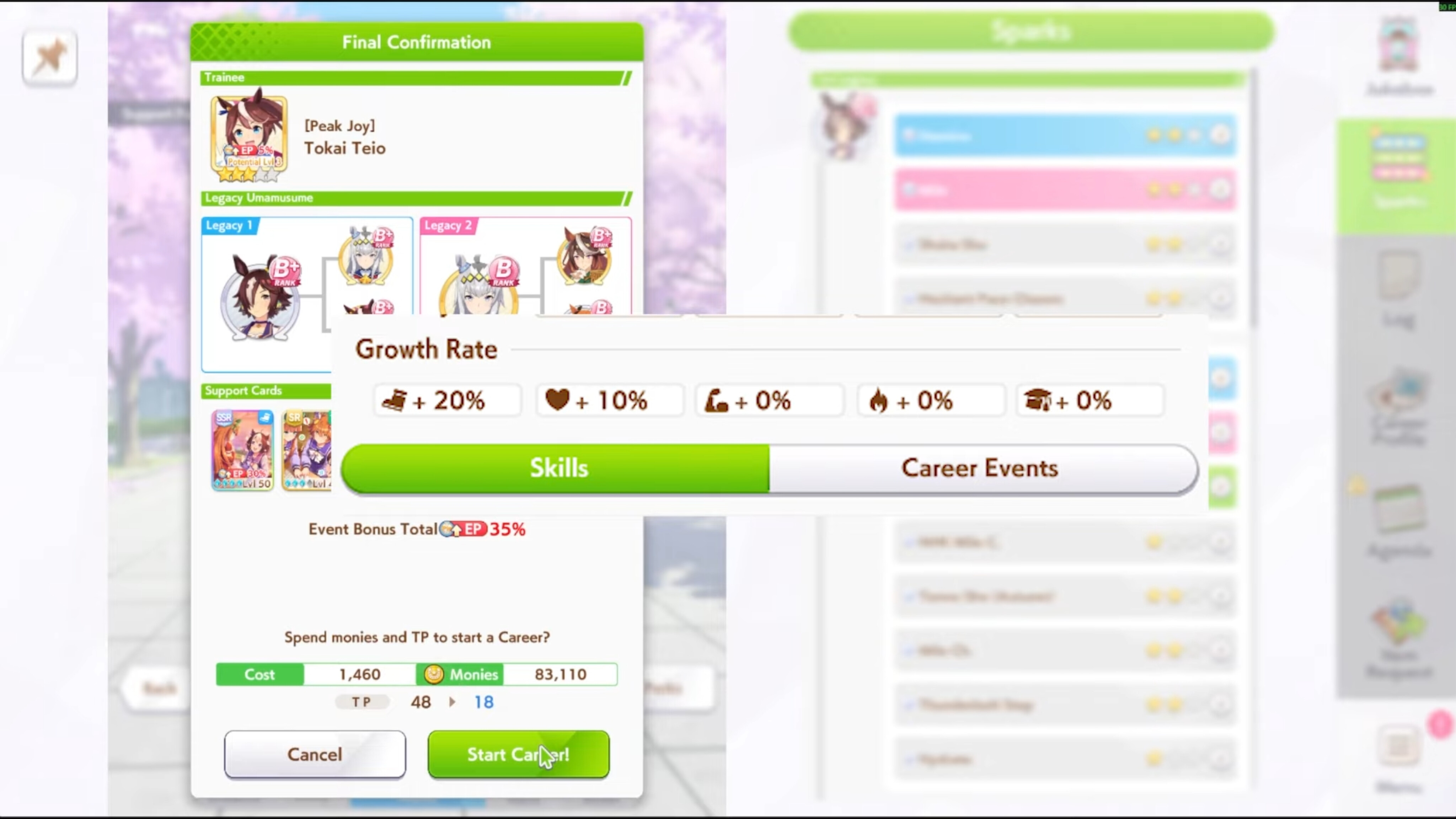 Upgrading Tokai Teio’s stats can help you win races (Image via Cygames, Inc.)