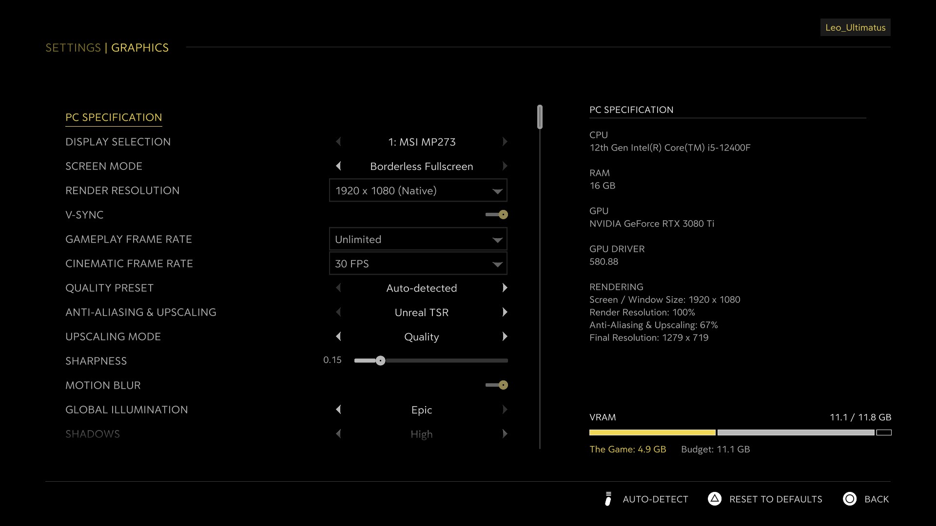 Picture of Mafia The Old Country graphics settings page