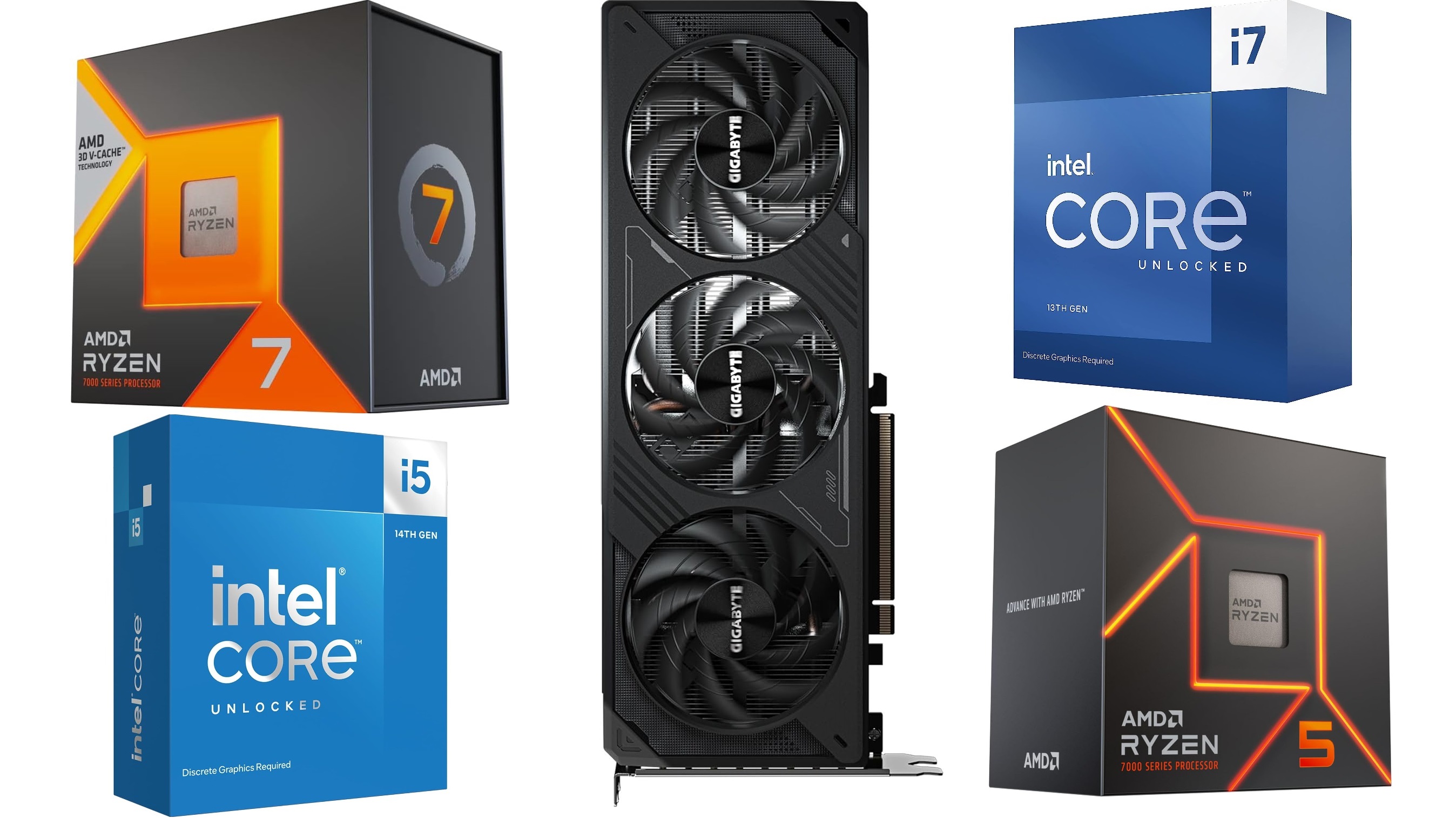 Picture of Gigabyte RTX 5070 and a collection of CPUs