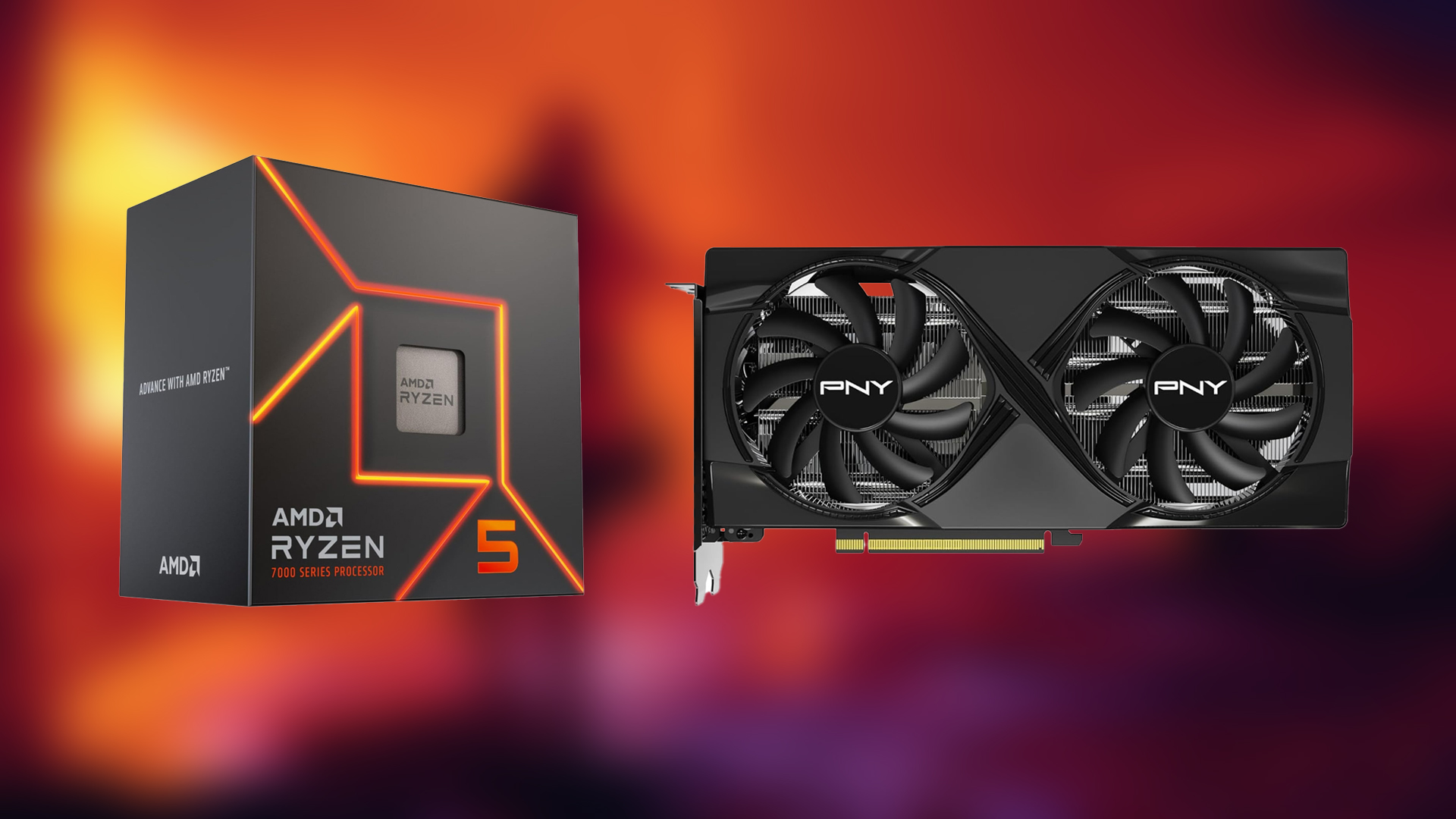 An image showing the Ryzen 5 7600 and RTX 5060 Ti GPU-CPU combo (Image via AMD | PNY)