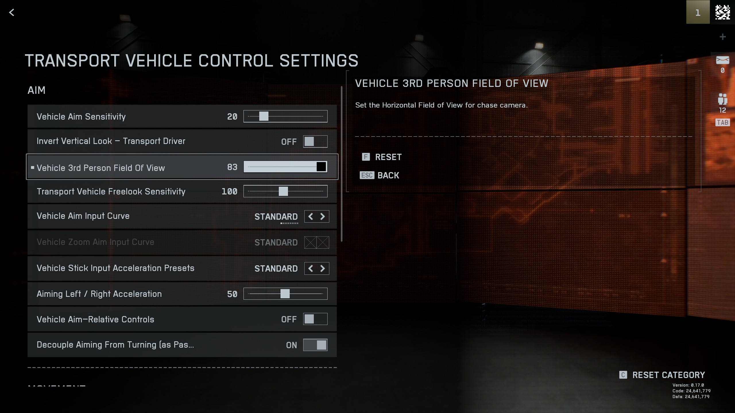 Battlefield 6 Transport Vehicle Settings page (Image via Electronic Arts)