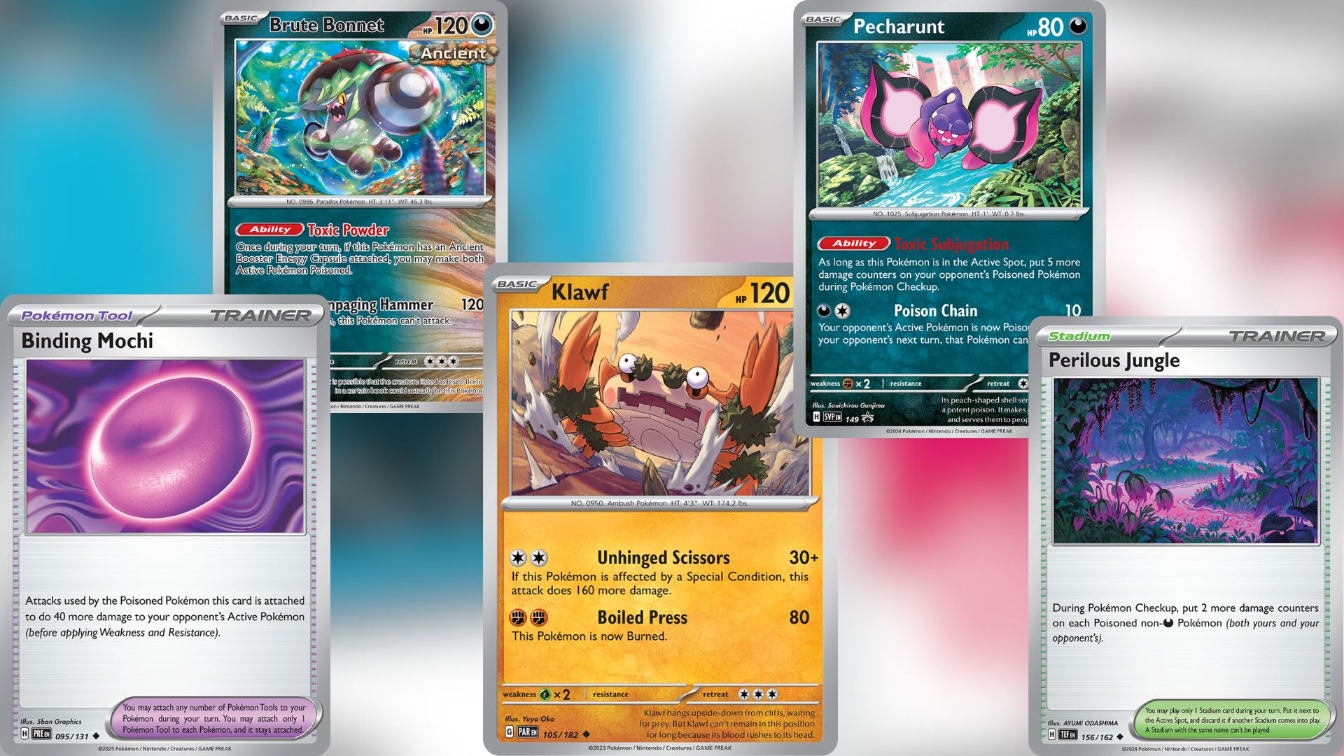 Binding Mochi, Brute Bonnet, Klawf, Pecharunt, and Perilous Jungle (Image via TPC)