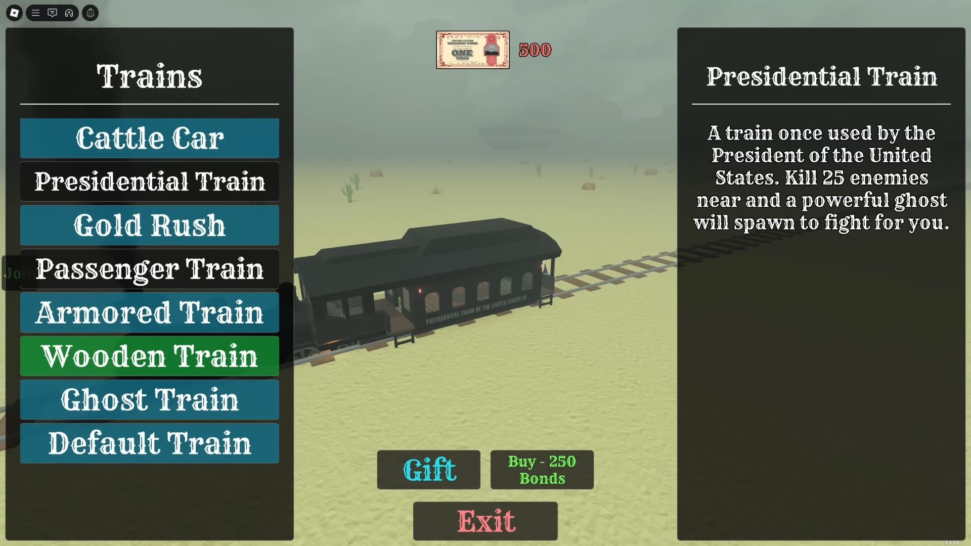 Buying the Presidential Train (Image via Roblox Corporation)