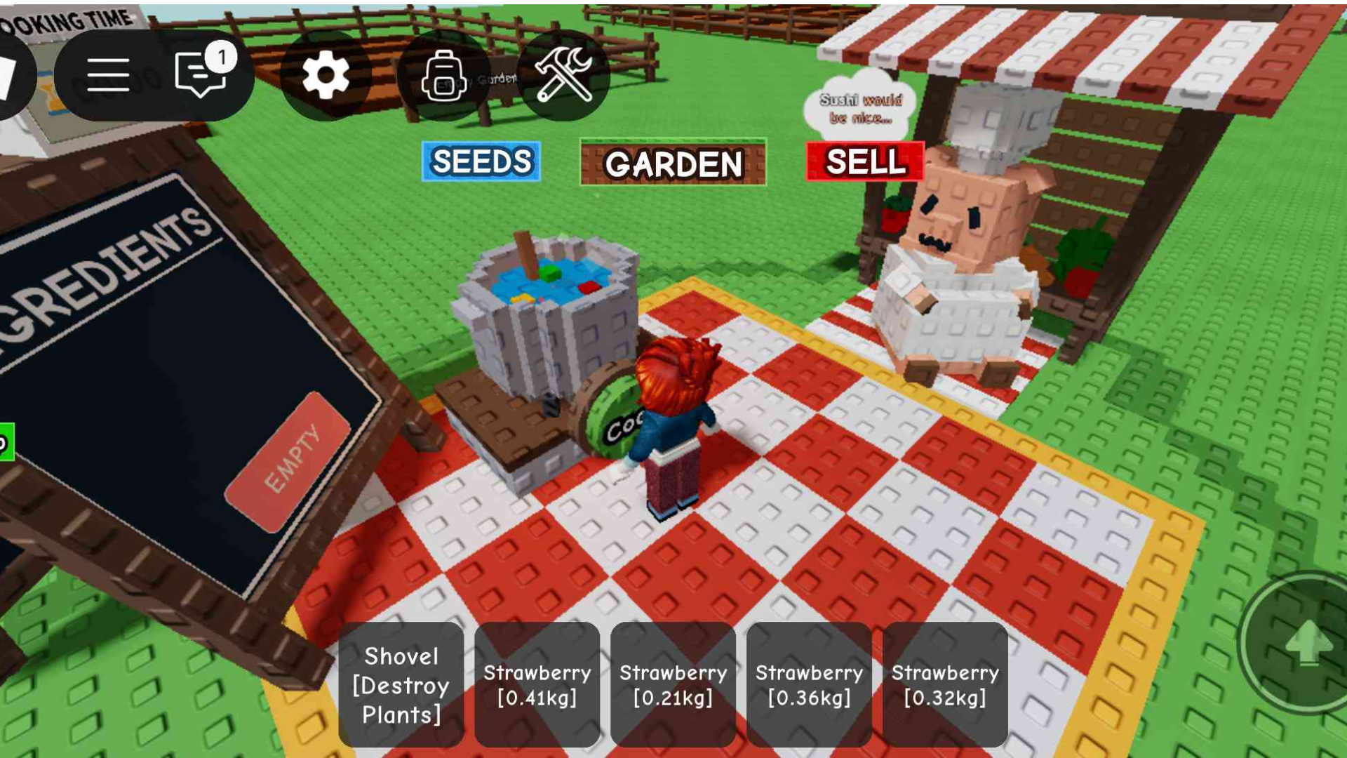 Cook a cake for Chris in Grow a Garden (Image via Roblox Corporation)