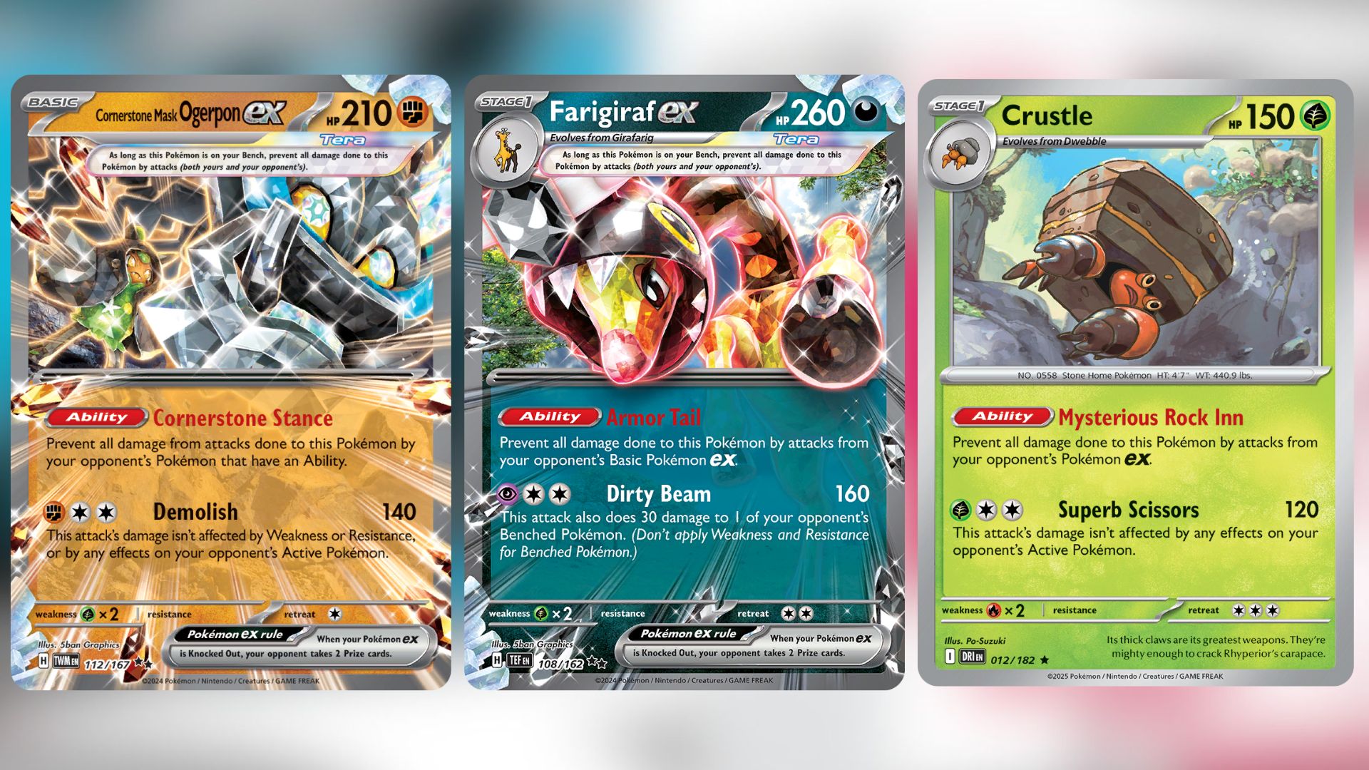 Cornerstone Mask Ogerpon ex, Farigiraf ex, and Crustle (Image via TPC)