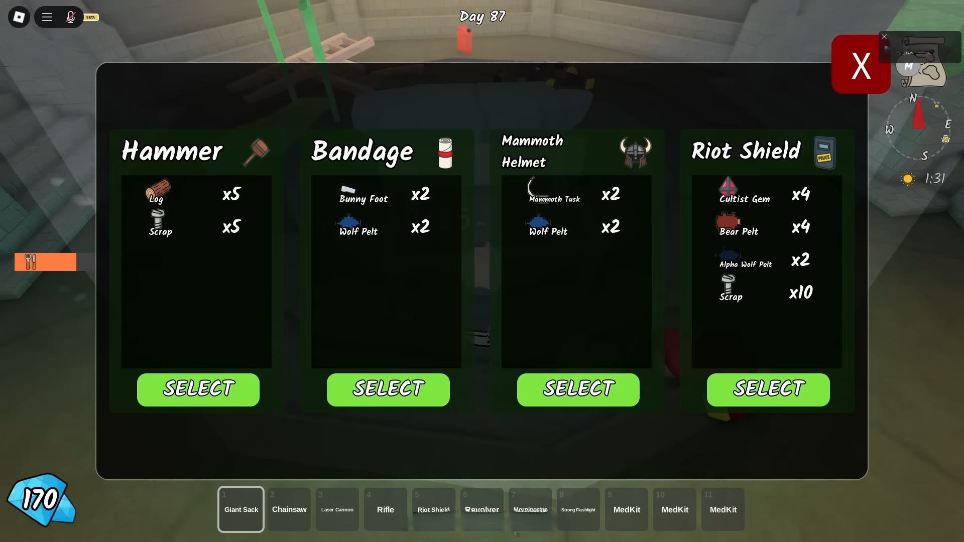 Crafting menu (Image via Roblox)