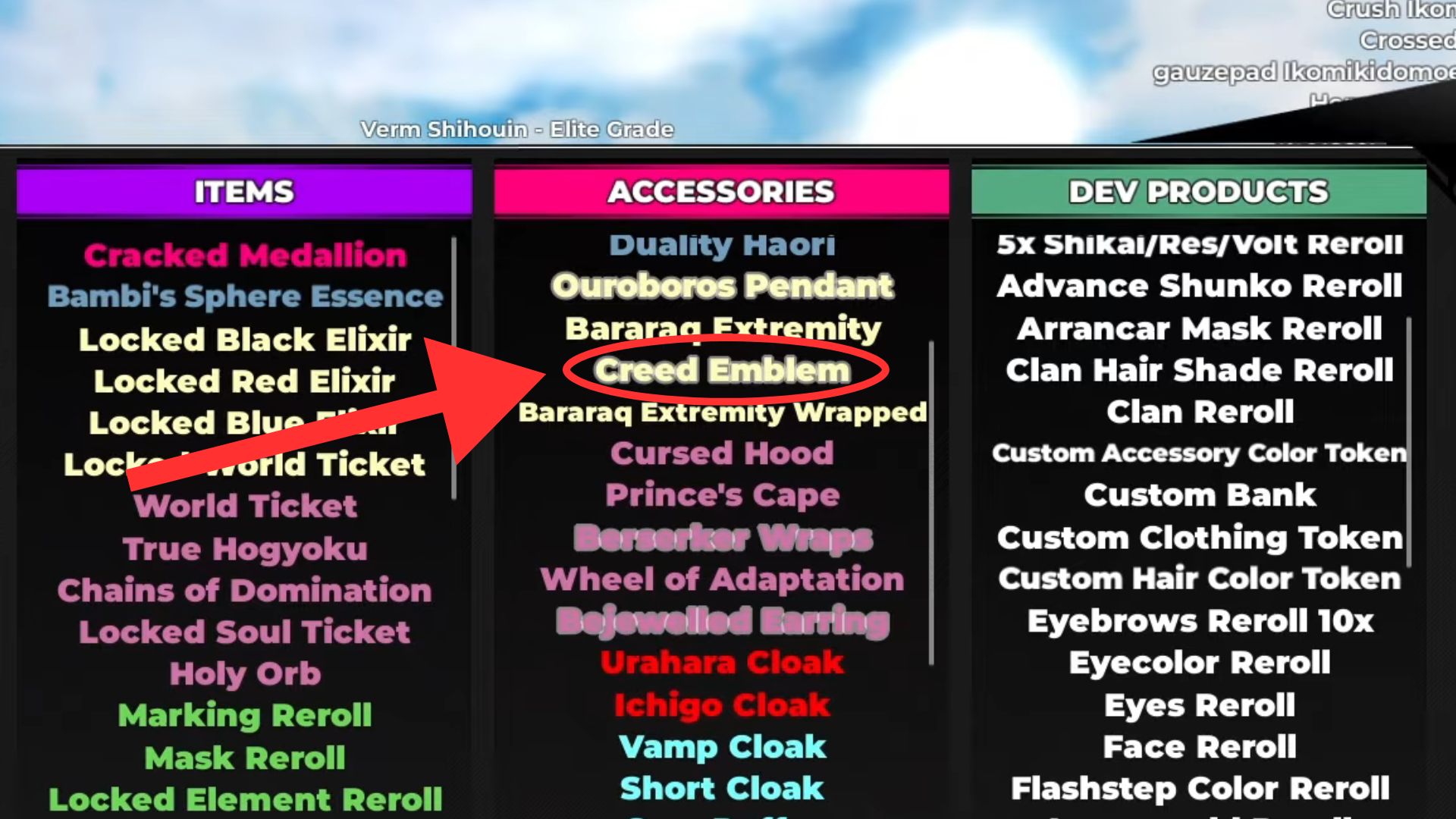 Creed Emblem under Accessories (Image via Roblox Corporation)