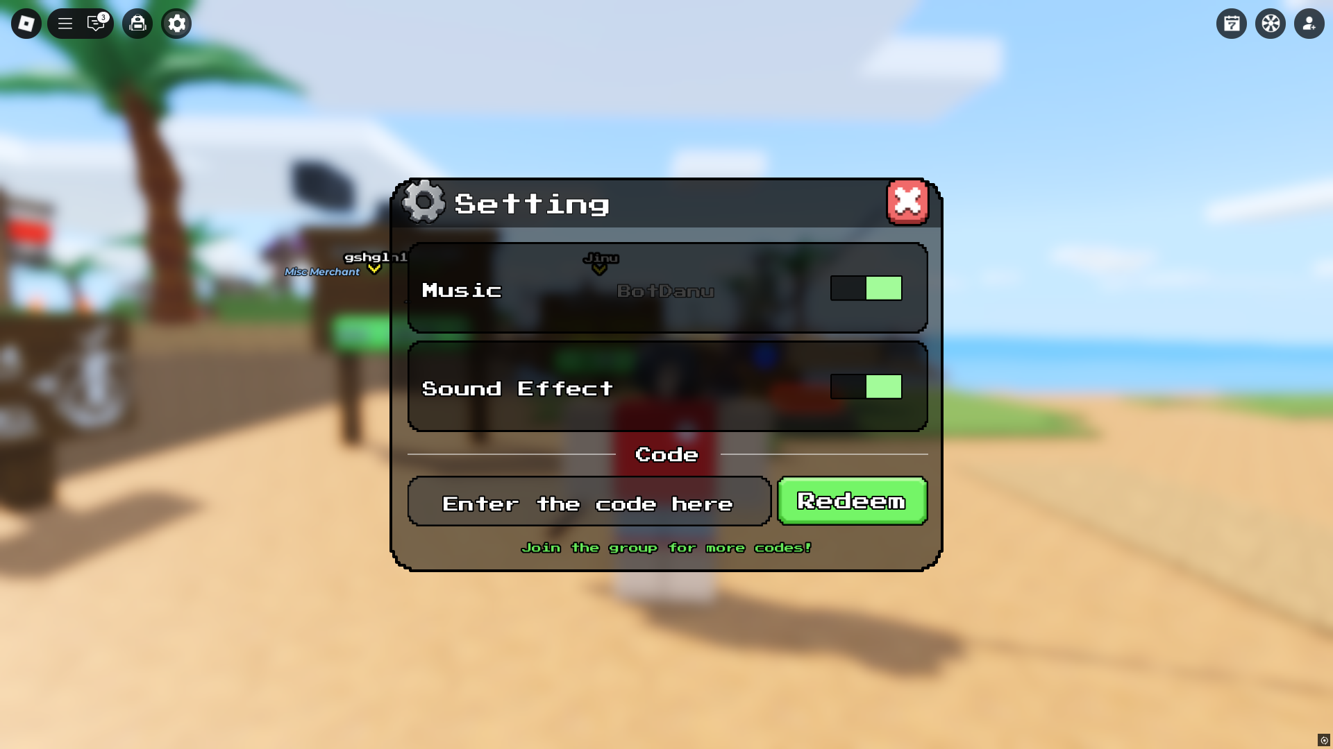 Redeeming codes (Image via Roblox)