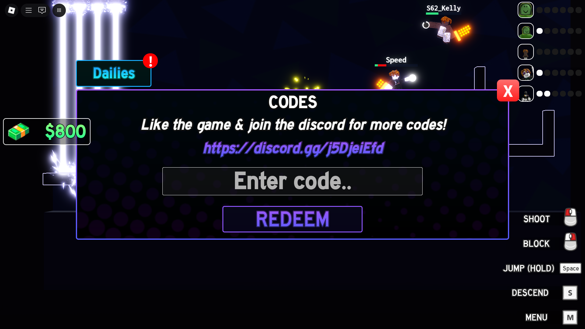 Redeeming codes for free rewards (Image via Roblox Corporation)