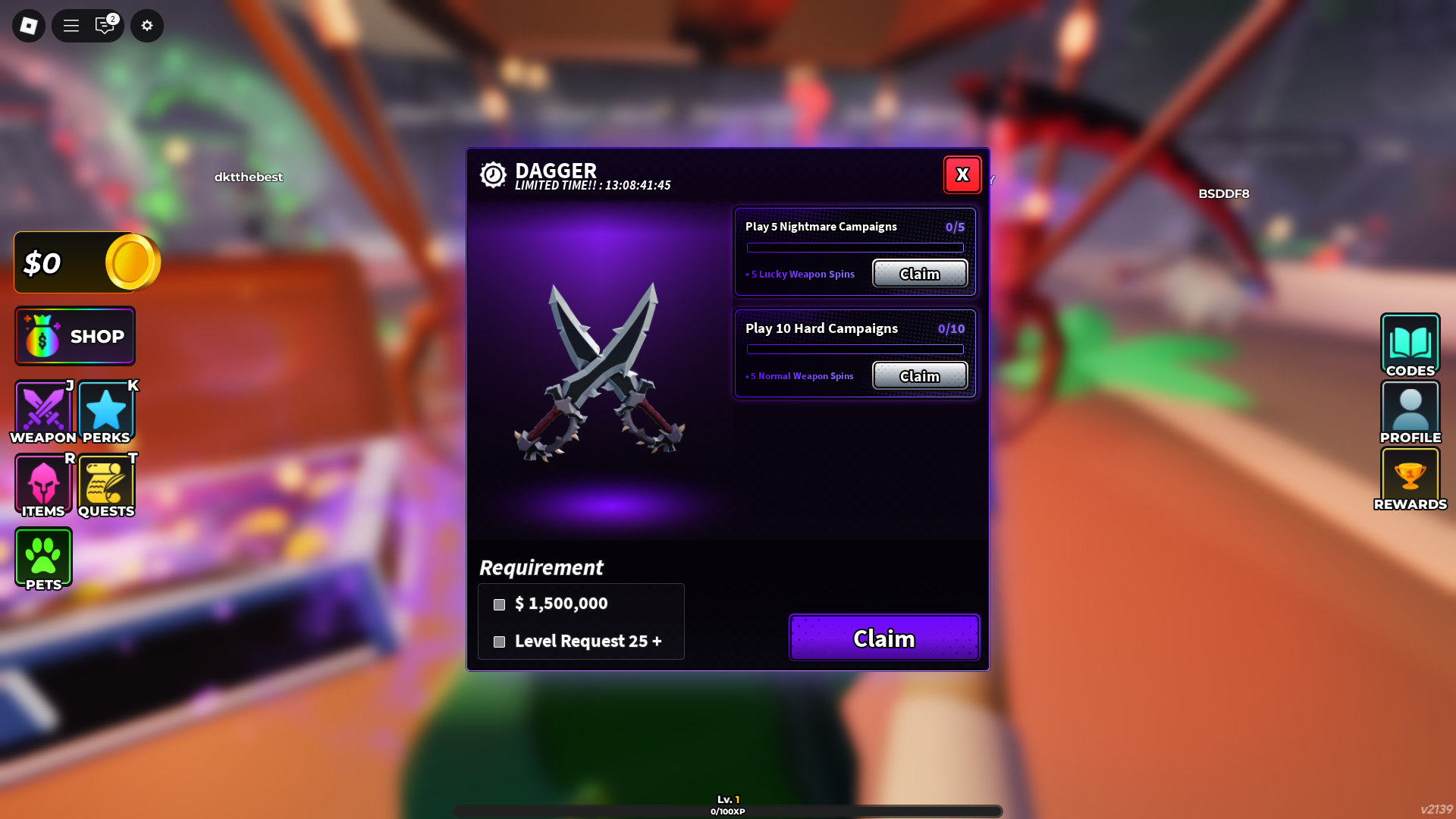 Dagger missions (Image via Roblox Corporation)
