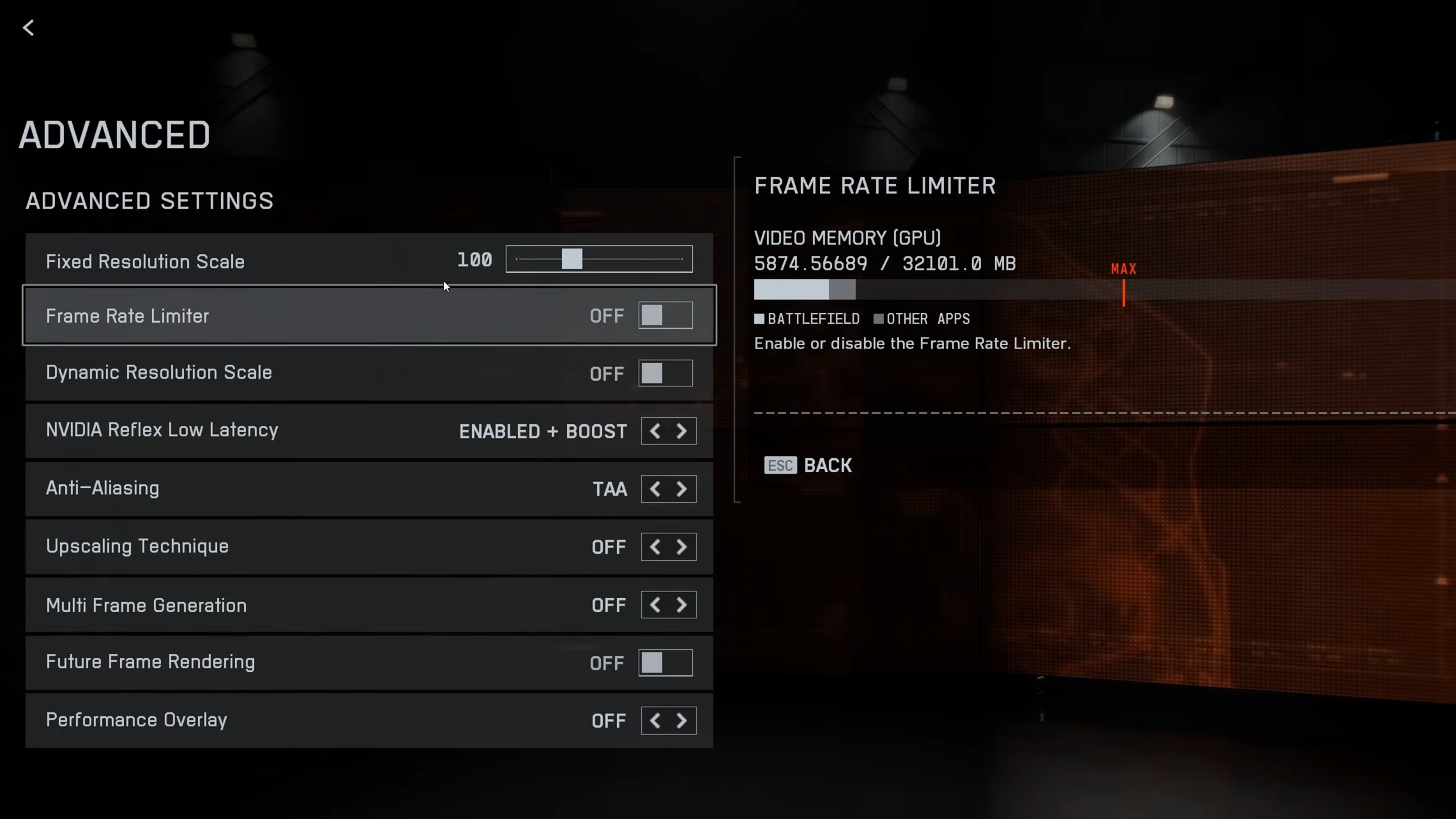 Picture of Battlefield 6 Advanced Graphics settings page