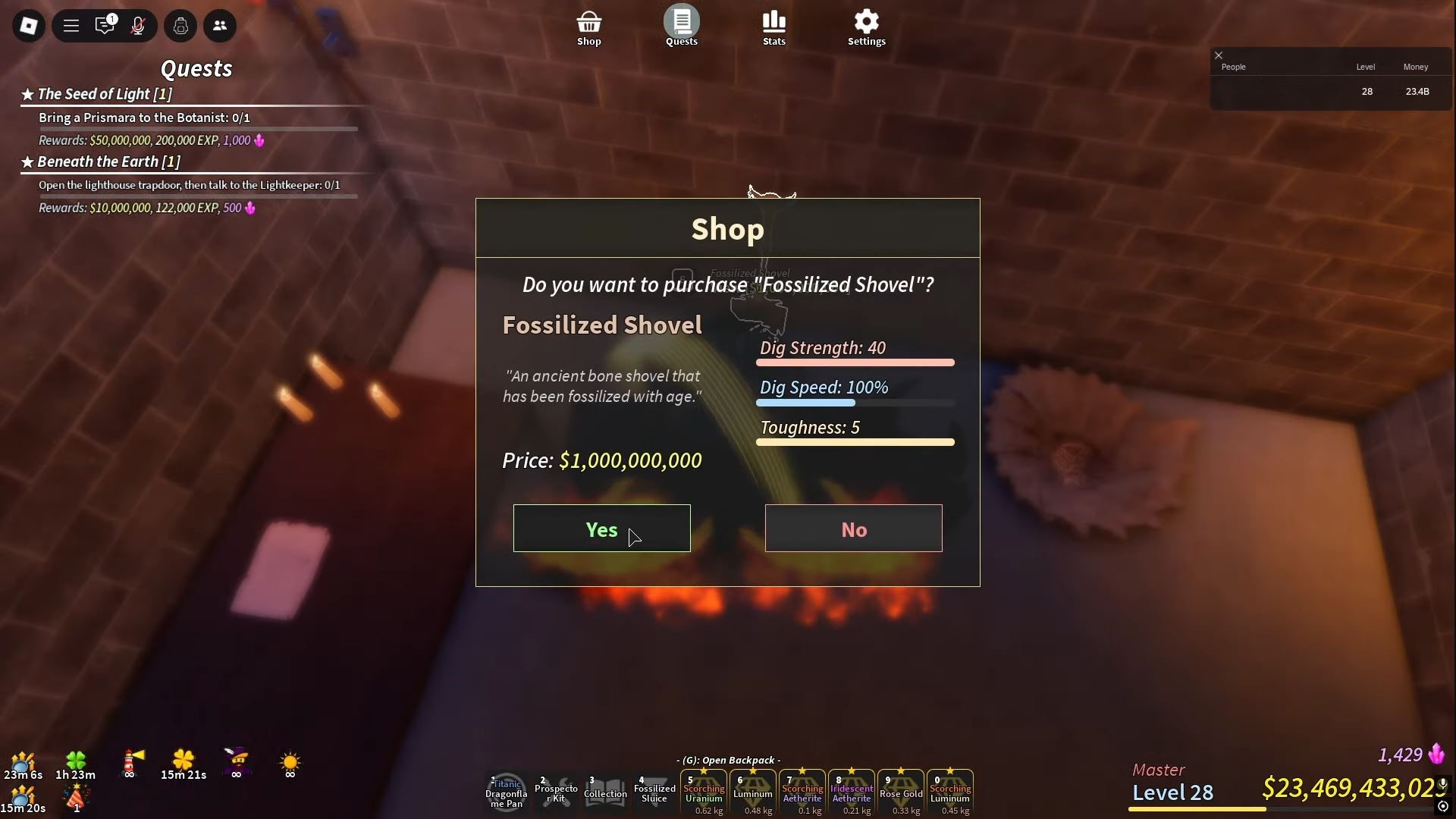 Stats of Fossilized Shovel (Image via Roblox)