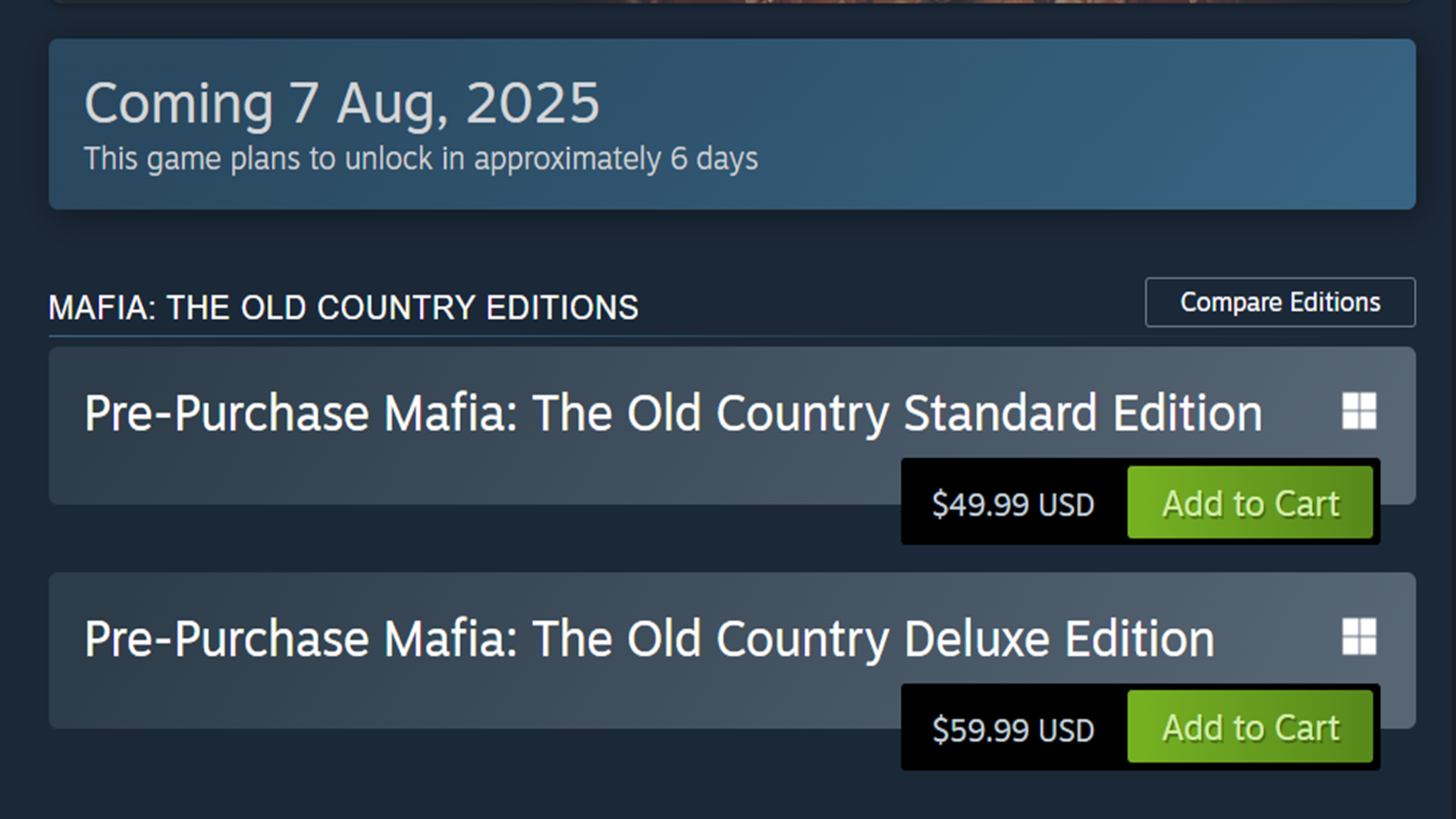 Mafia the Old Country versions. (image via 2K | Steam)