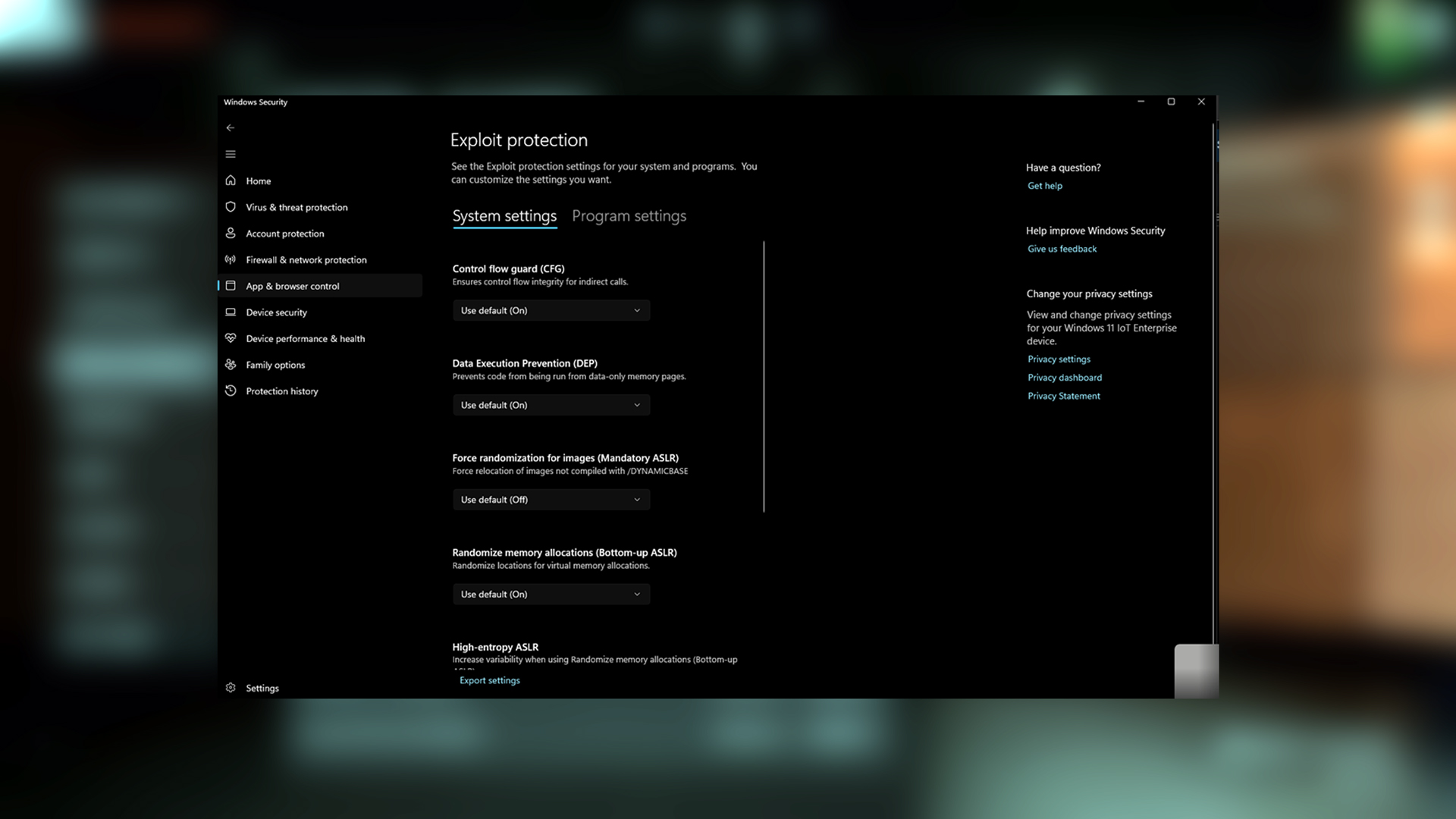 An image showing Windows Memory Protection Settings