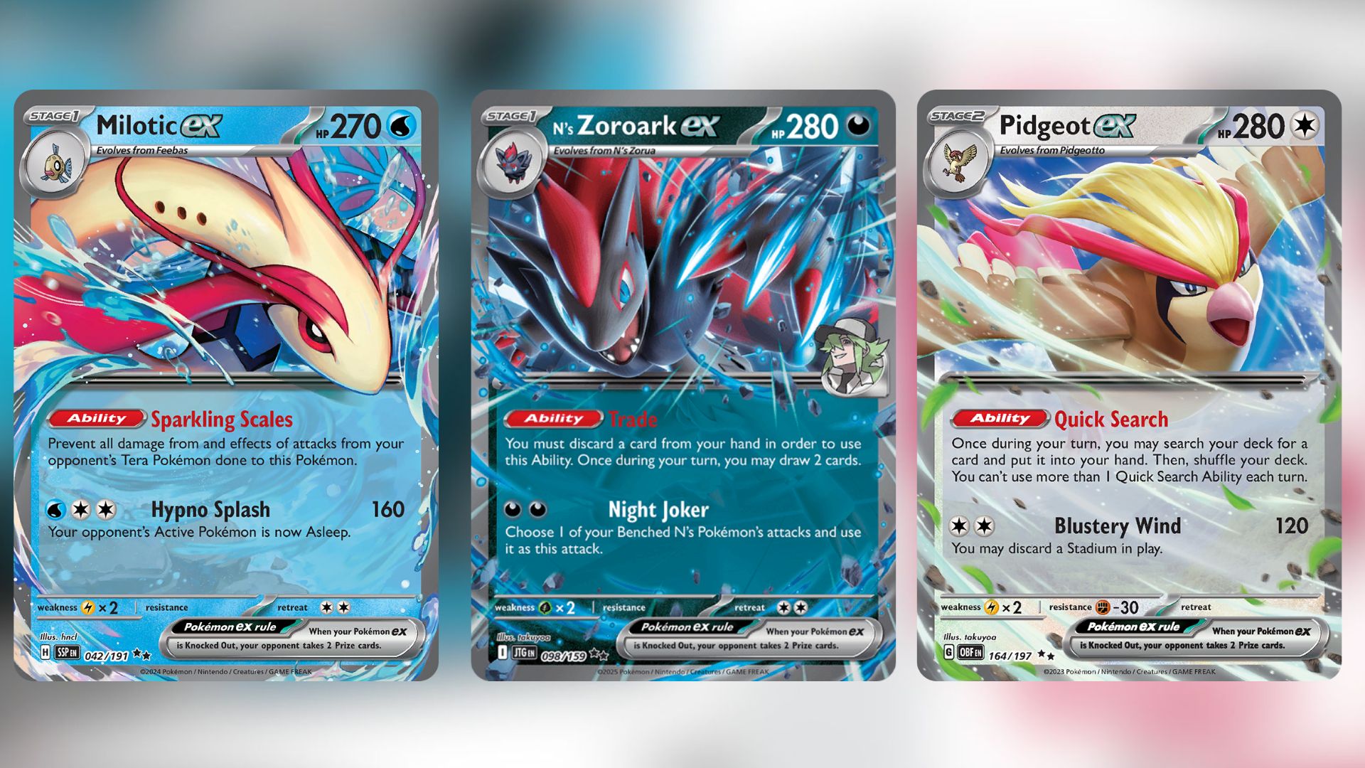 Milotic ex, N's Zoroark ex, and Pidgeot ex (Image via TPC)