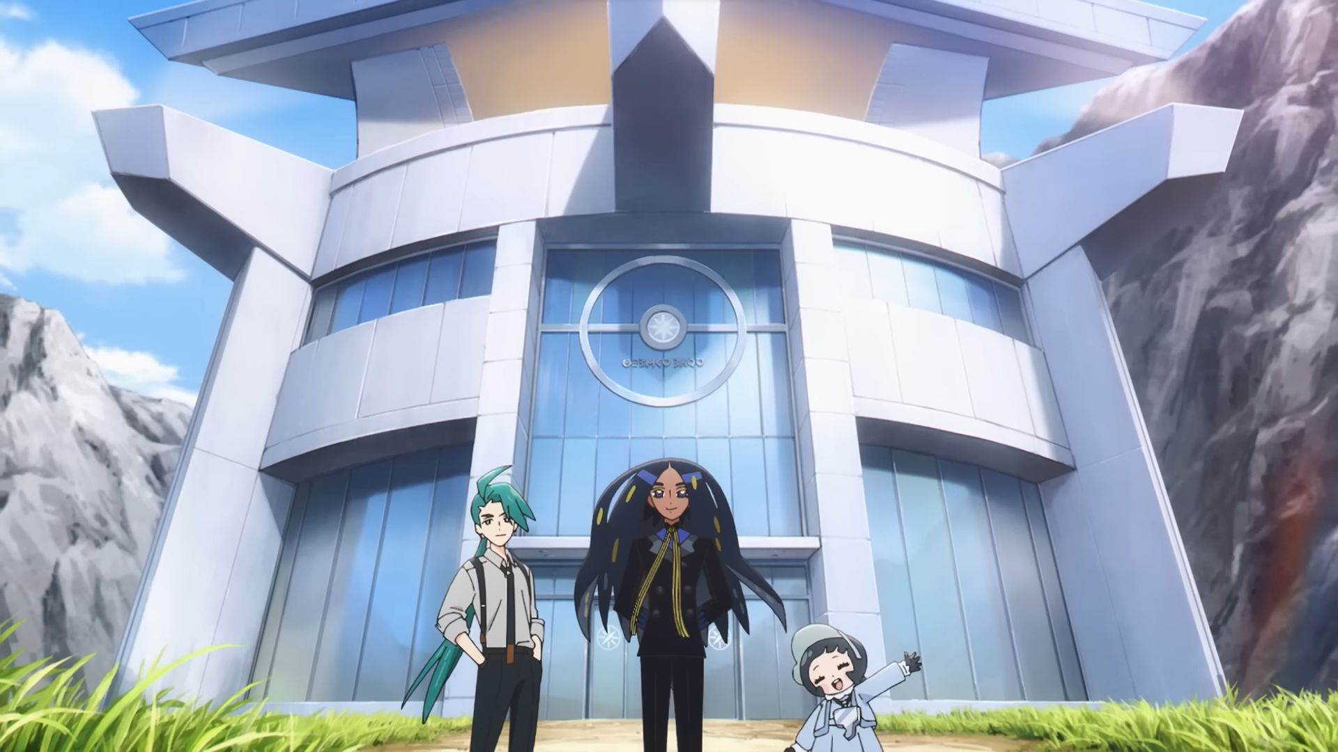 Rika, Geeta, and Poppy standing in front of the Pokemon League (Image via TPC)