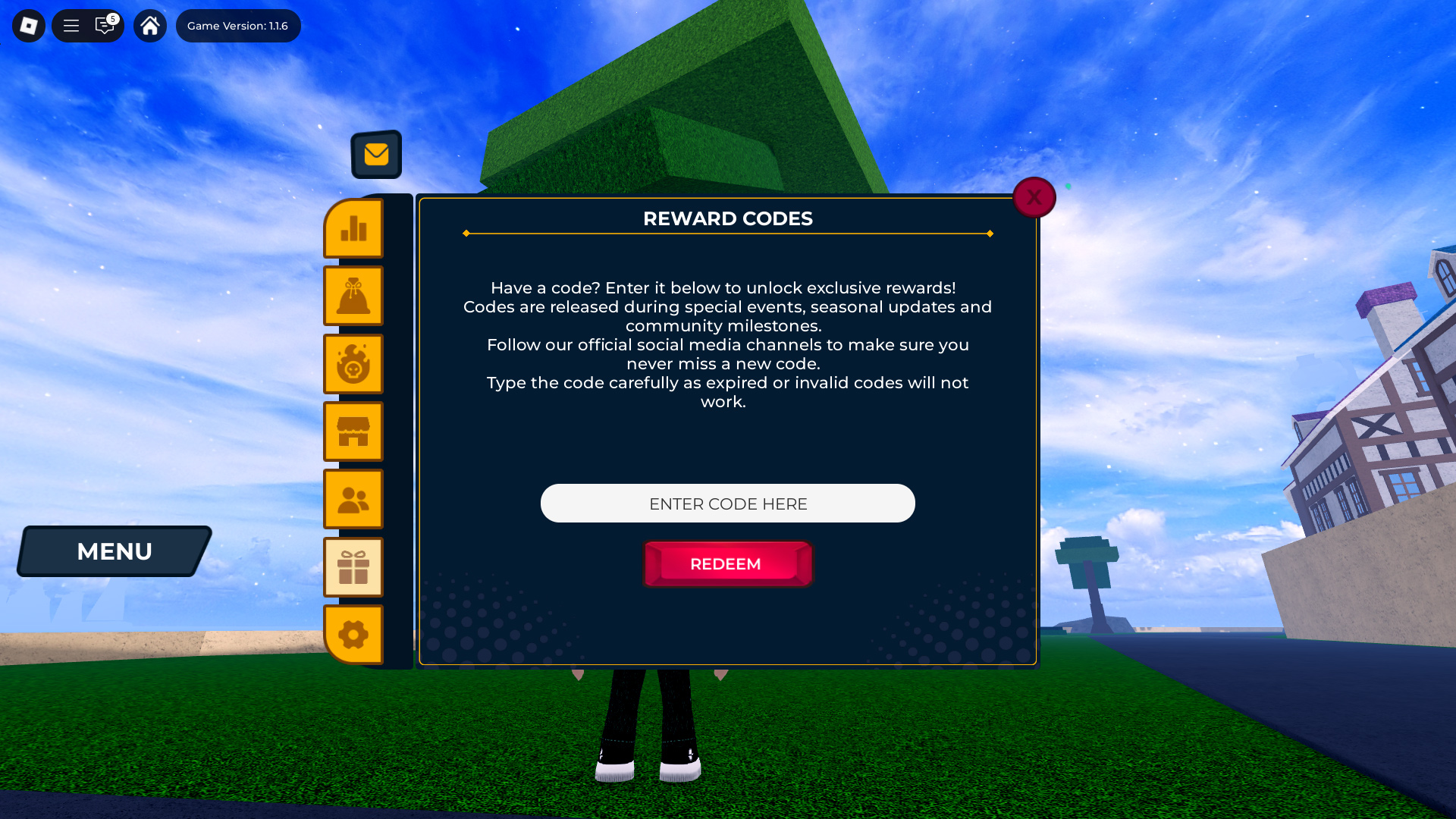Redeem your codes here (Image via Roblox Corporation)