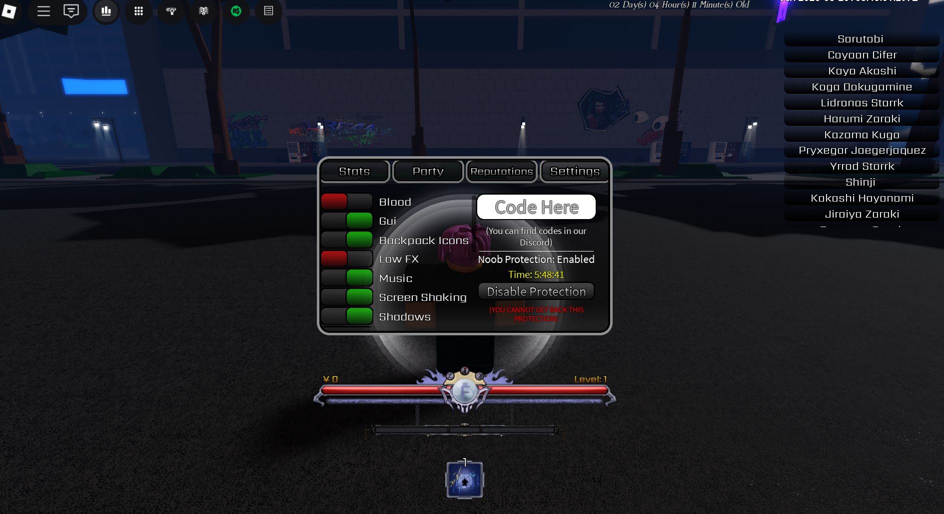 The codes menu in Peroxide (Image via Roblox Corporation)