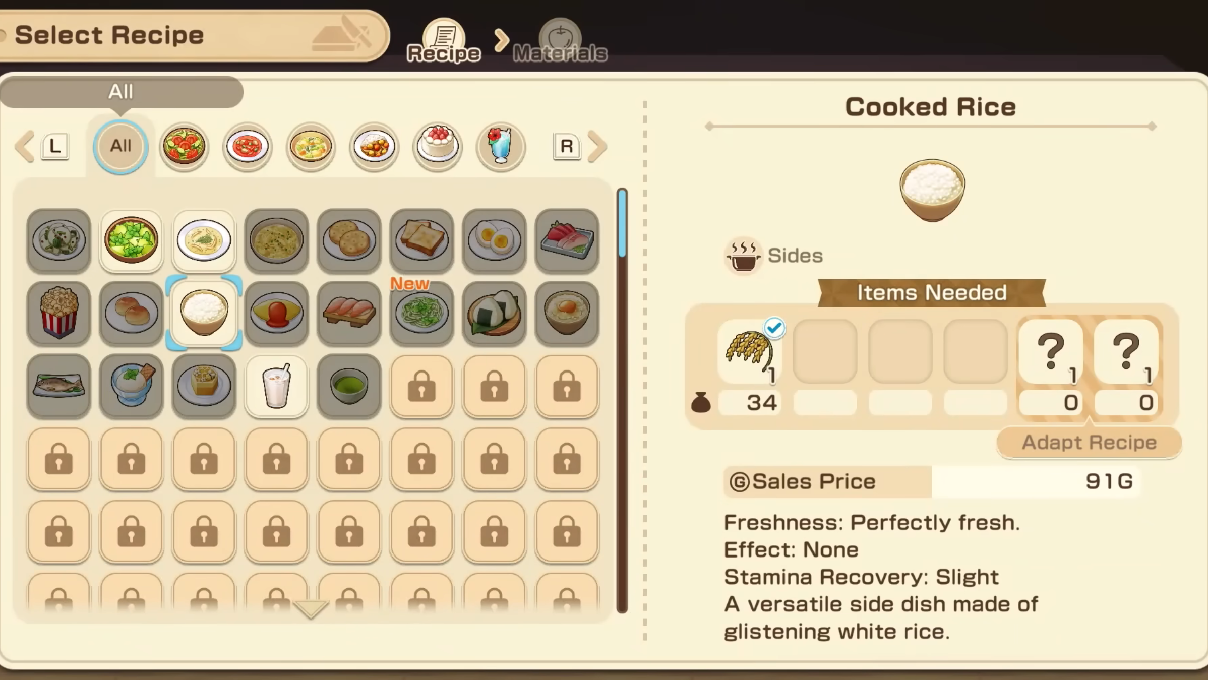 List of all Cooking Recipes (Image via XSEED Games)
