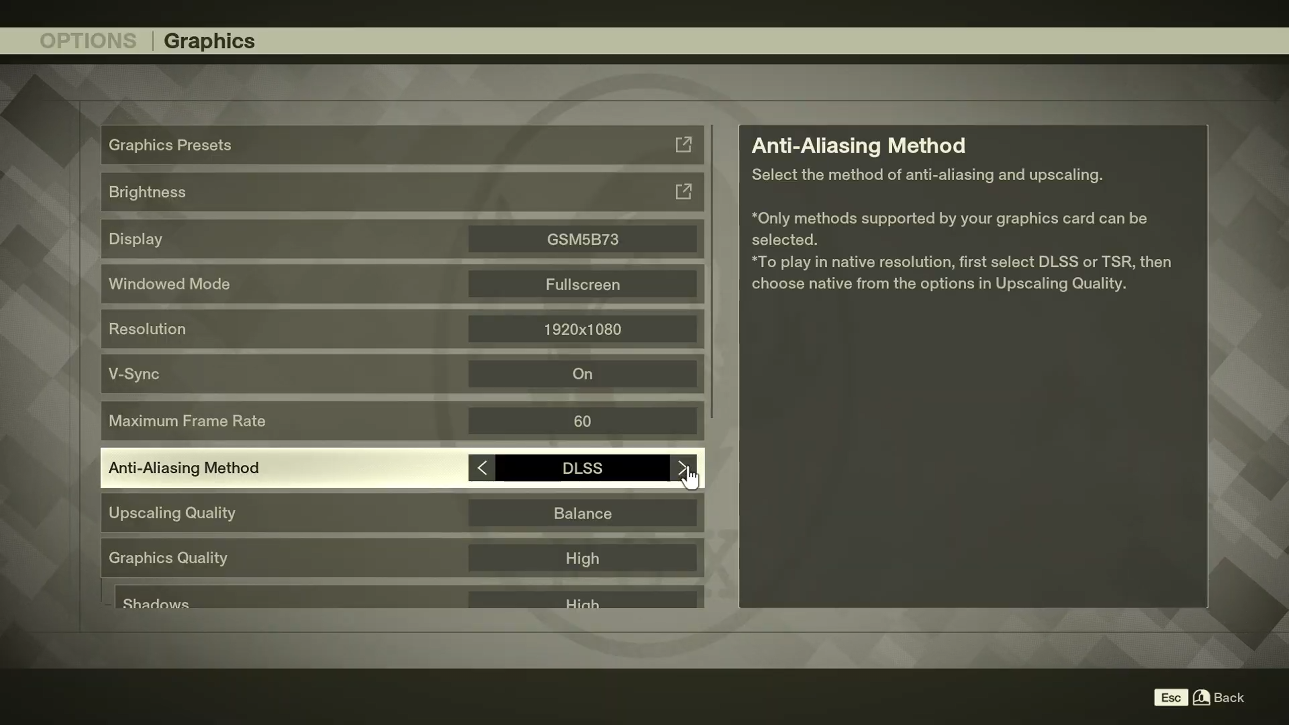 Picture of Metal Gear Solid Delta Snake Eater graphics settings page