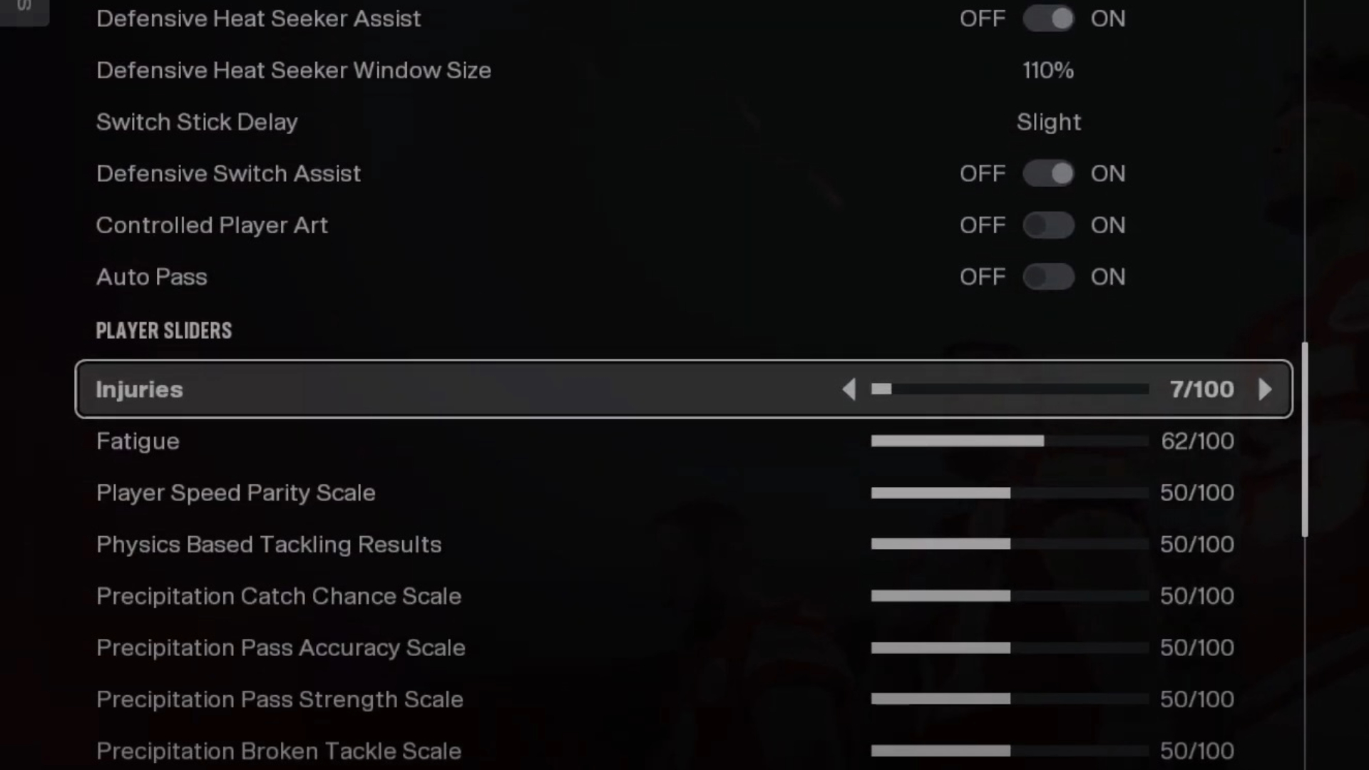 Sliders that can affect how often an injury occurs