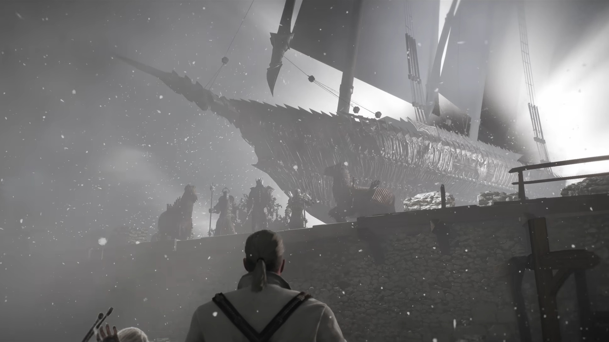 Picture of Geralt being stunned by the sudden appearance of the Wild Hunt's army in his dream