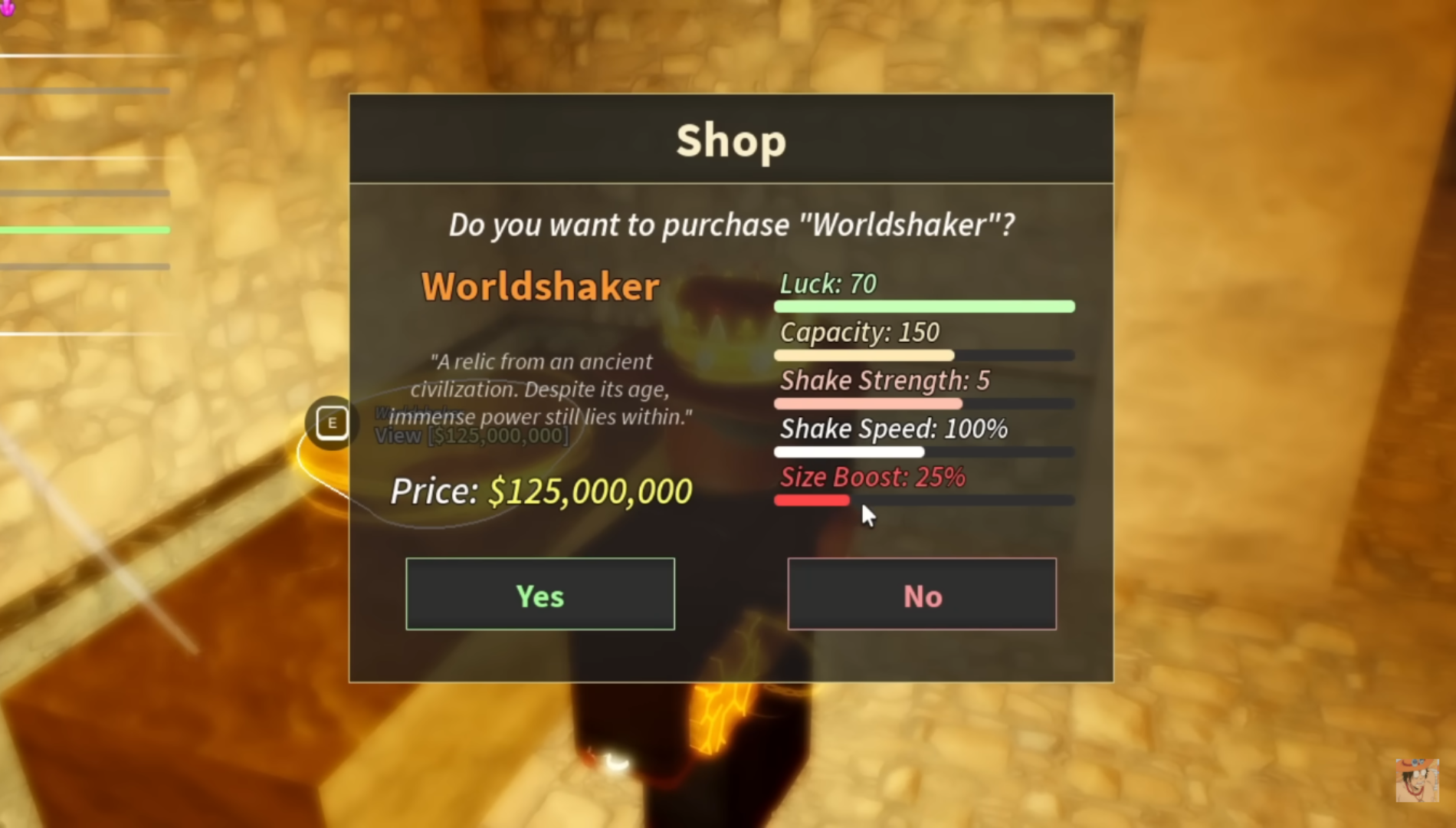 You can purchase the Worldbreaker Pan at the Secret Cave Room shop (Image via Prospecting! | Roblox)