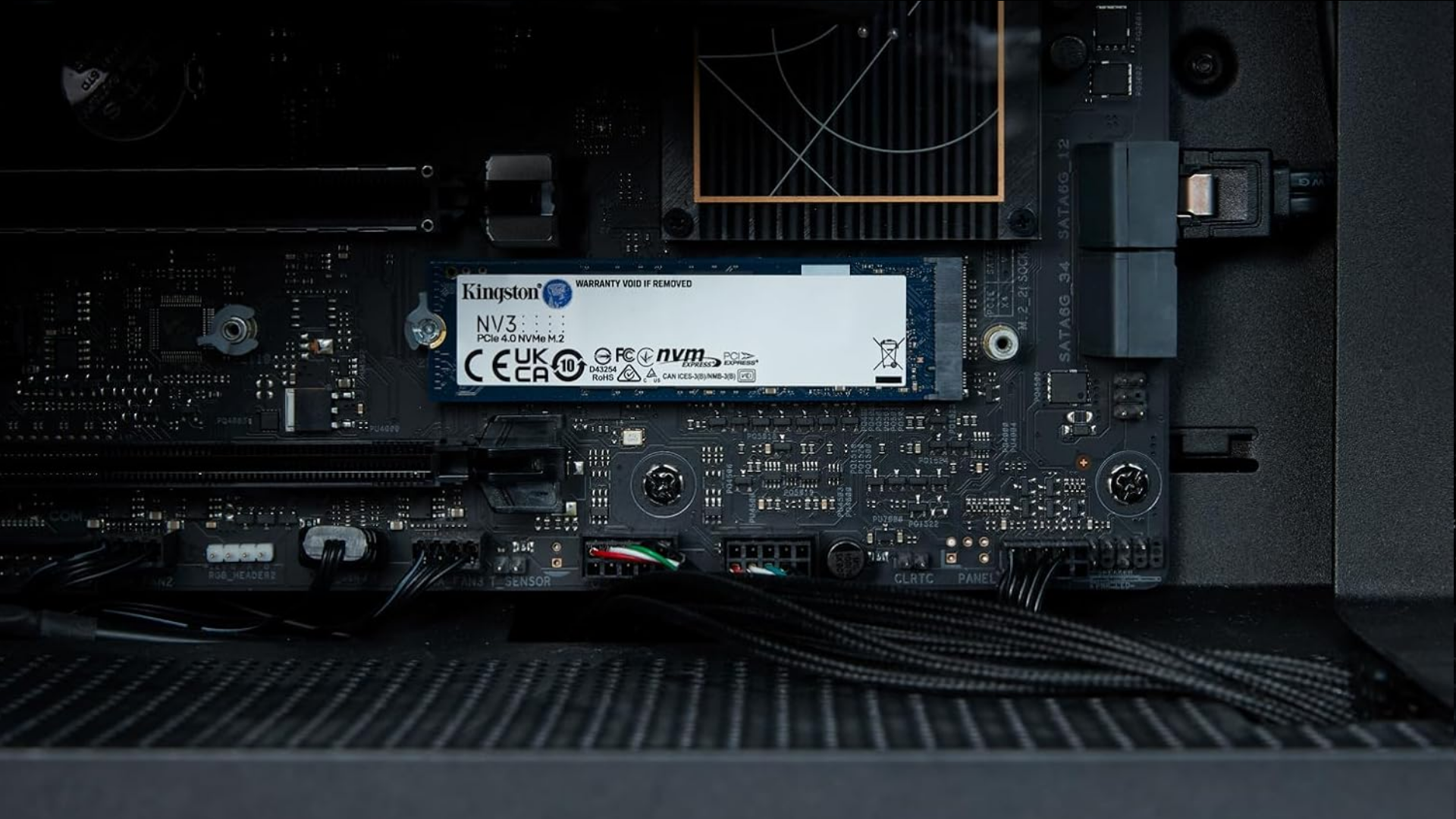 An image of Kingston NV3 2 TB NVMe M.2 SSD fitted in a PC