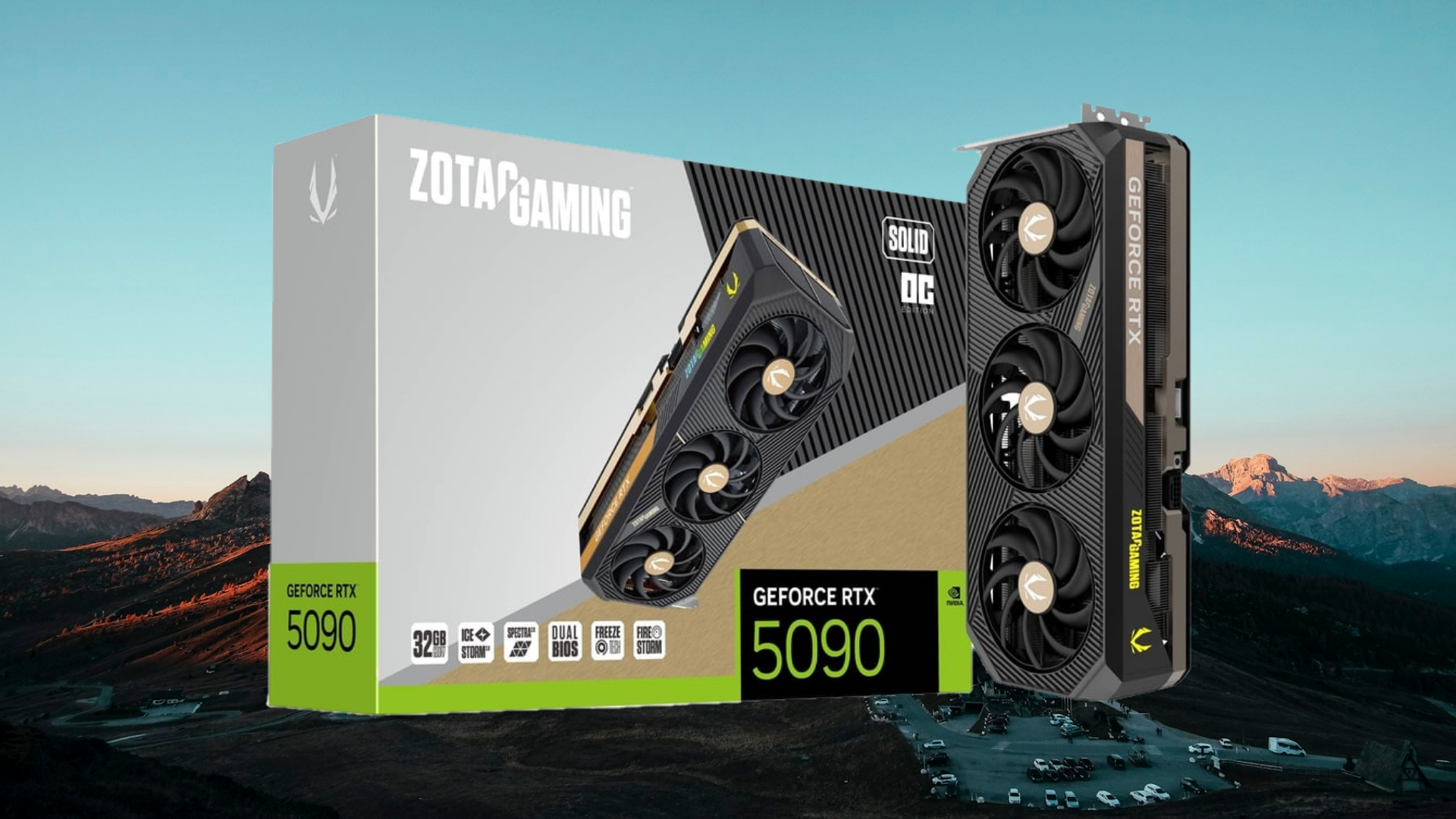 An image of ZOTAC RTX 5090 OC GPU (with box)
